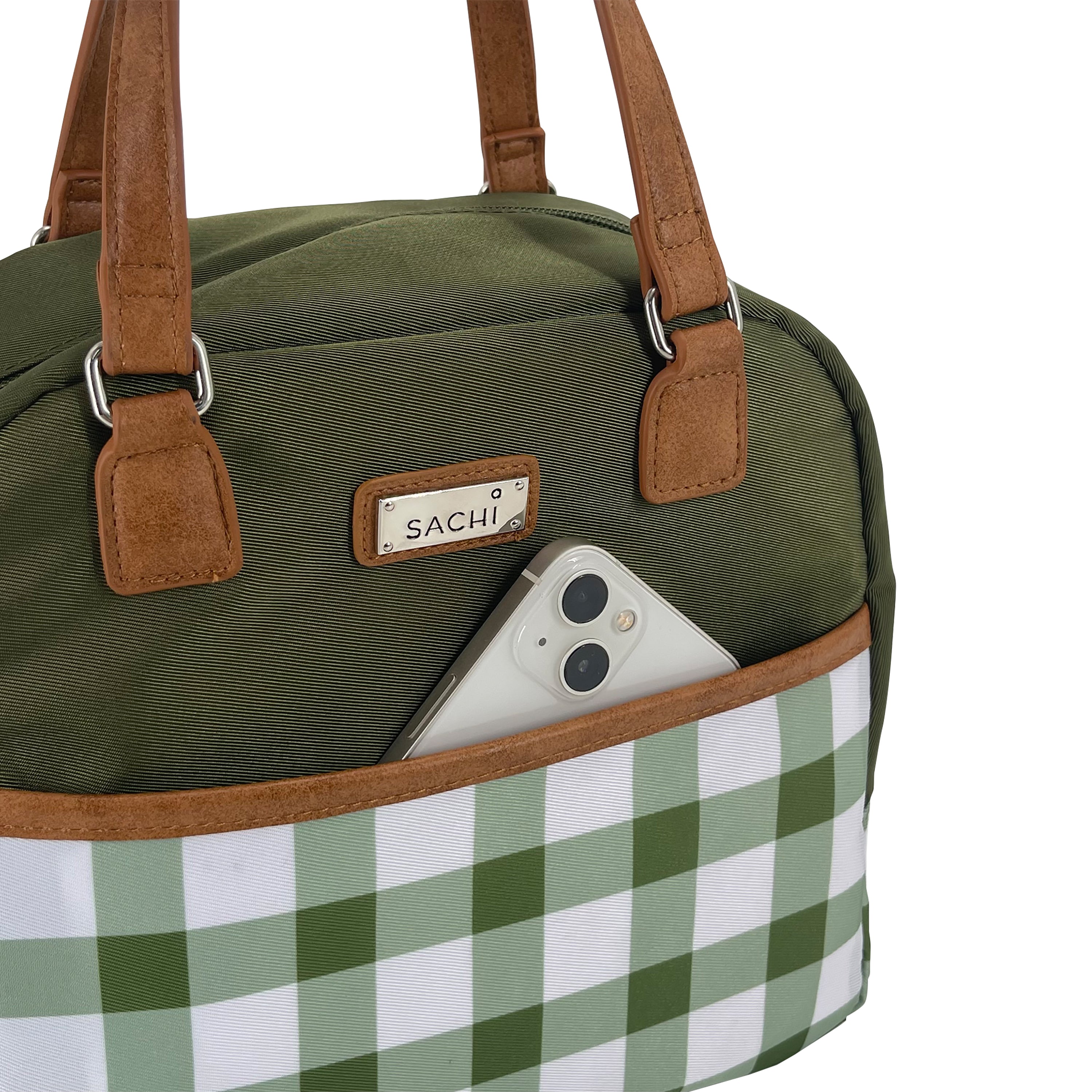 Sachi Insulated Cali Lunch Bag  - Olive Green Gingham