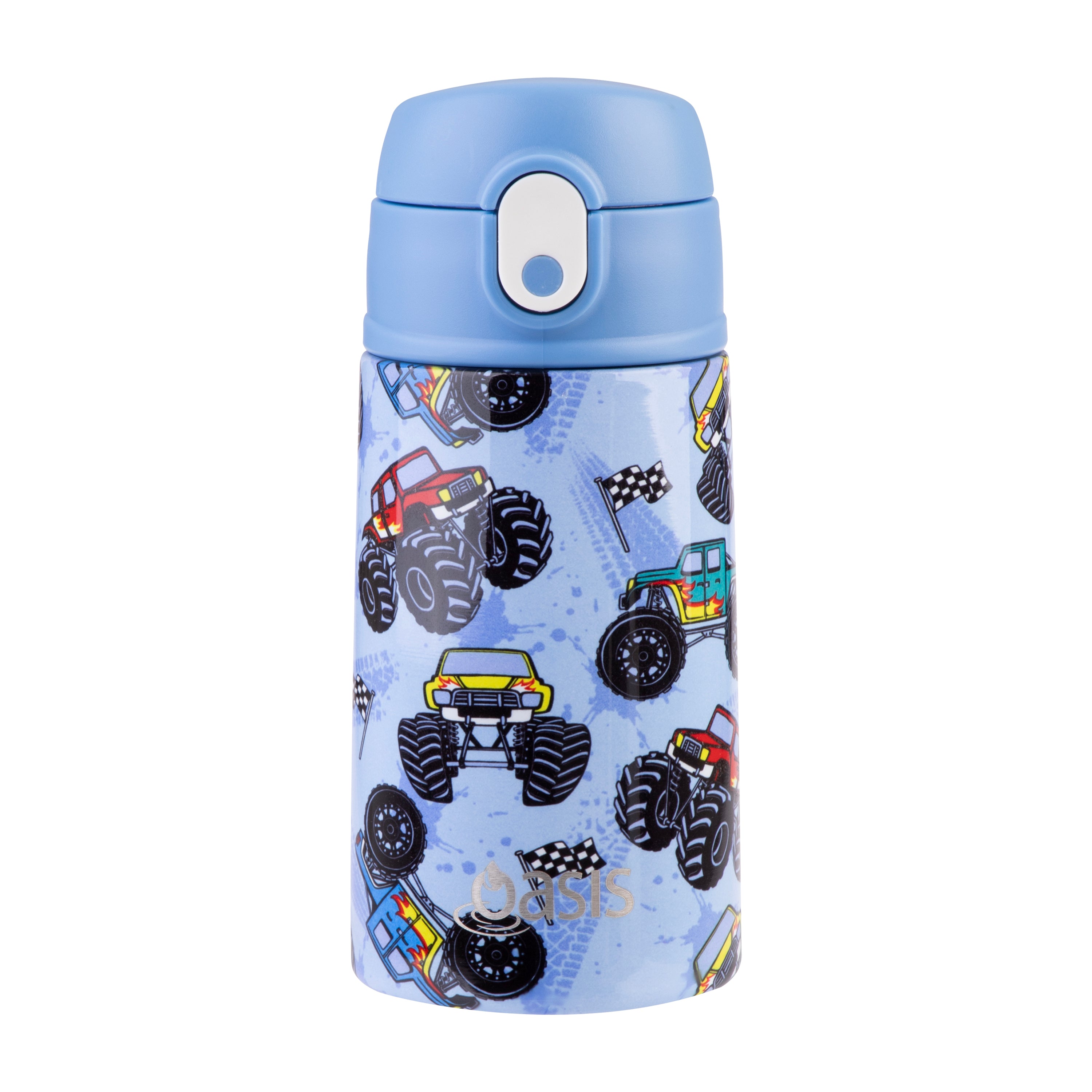 Oasis Stainless Steel Double Wall Kid's Drink Bottle with Sipper Straw 400ml - Monster Trucks