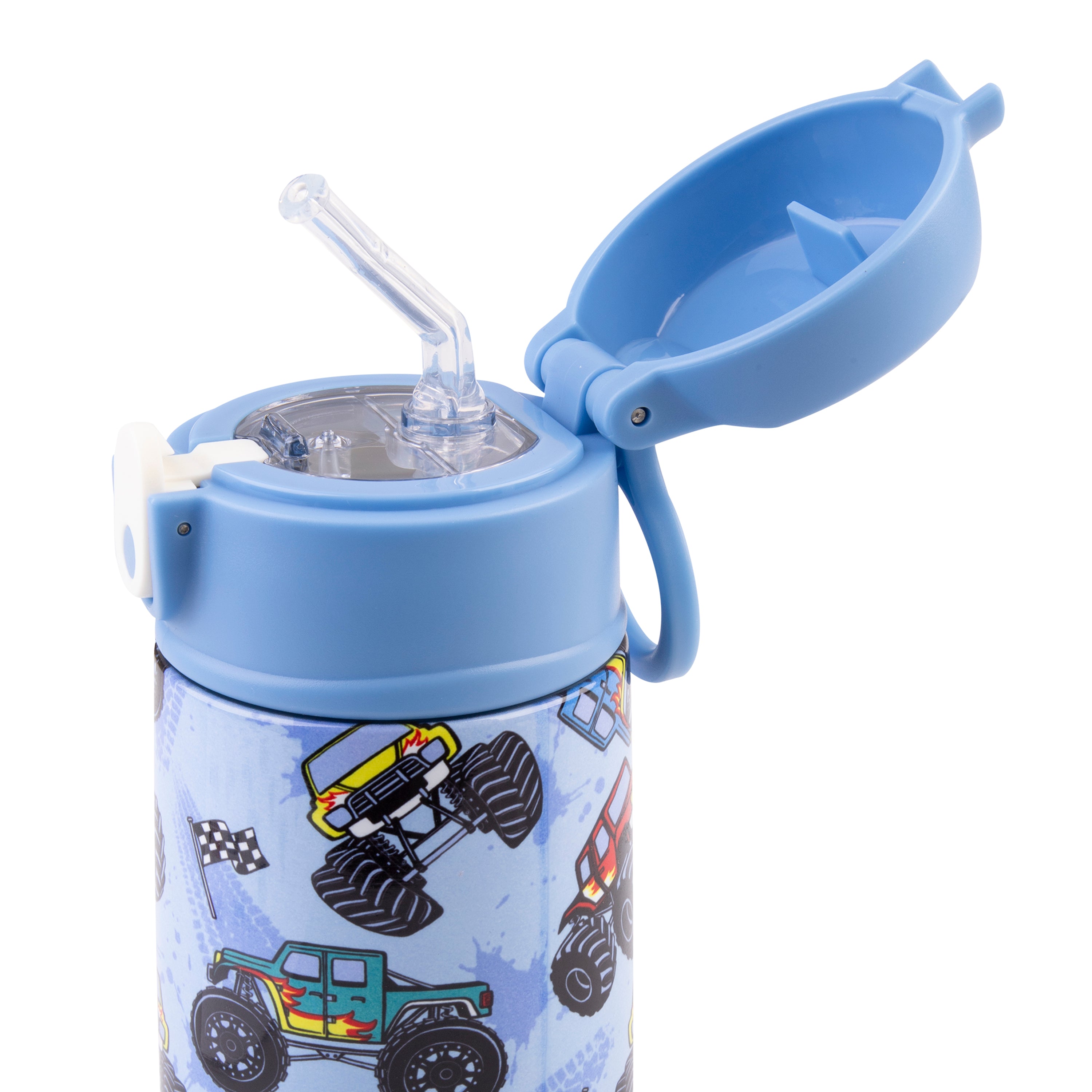 Oasis Stainless Steel Double Wall Kid's Drink Bottle with Sipper Straw 400ml - Monster Trucks