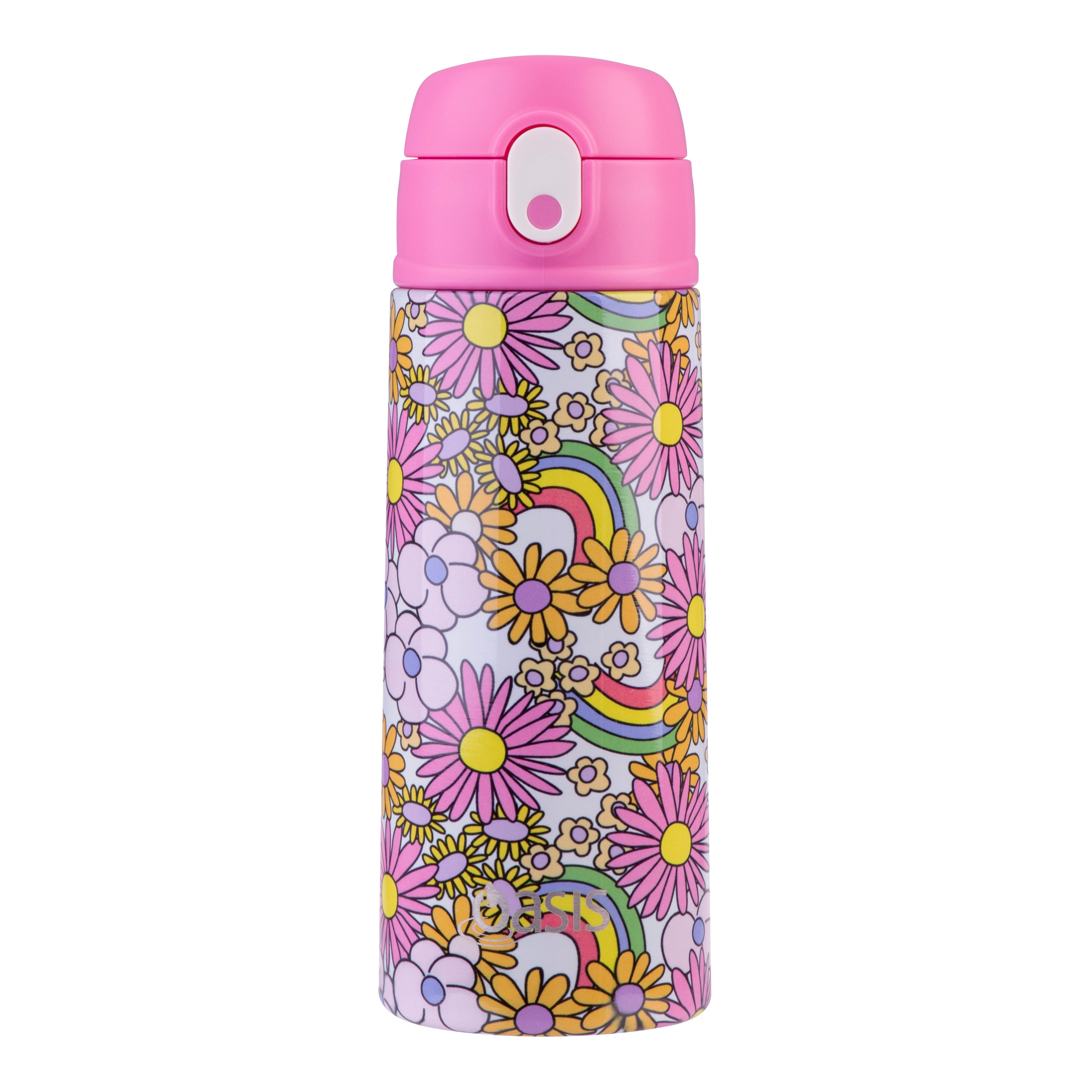 Oasis Stainless Steel Double Wall Kid's Drink Bottle with Sipper Straw 550ml - Flower Power