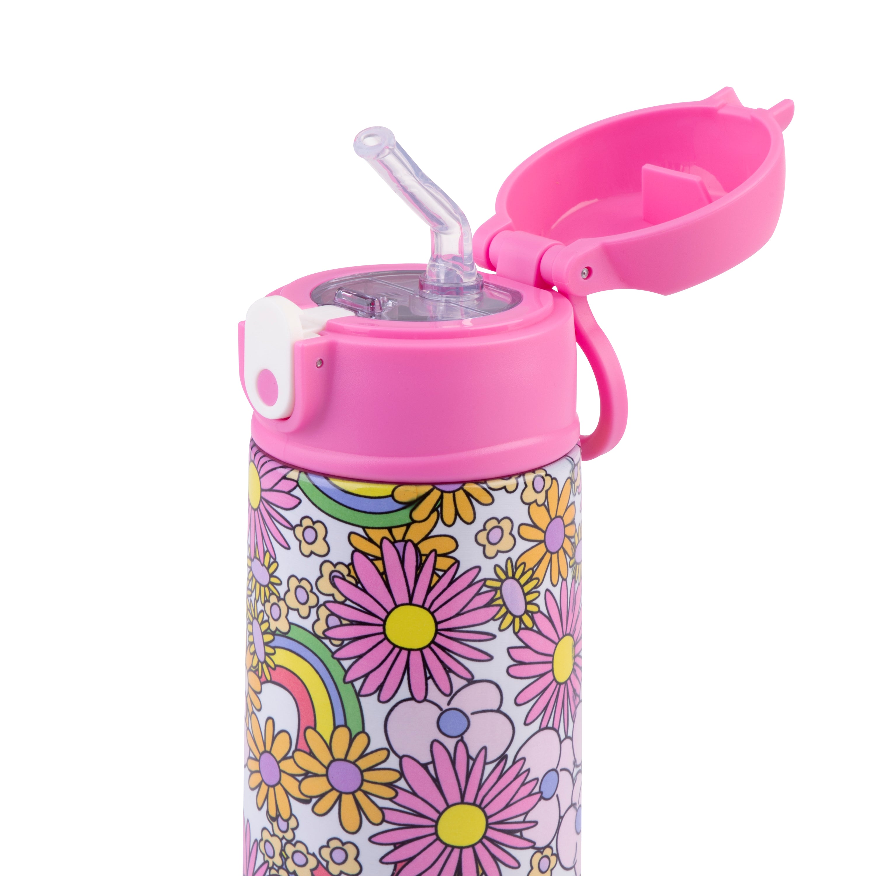 Oasis Stainless Steel Double Wall Kid's Drink Bottle with Sipper Straw 550ml - Flower Power
