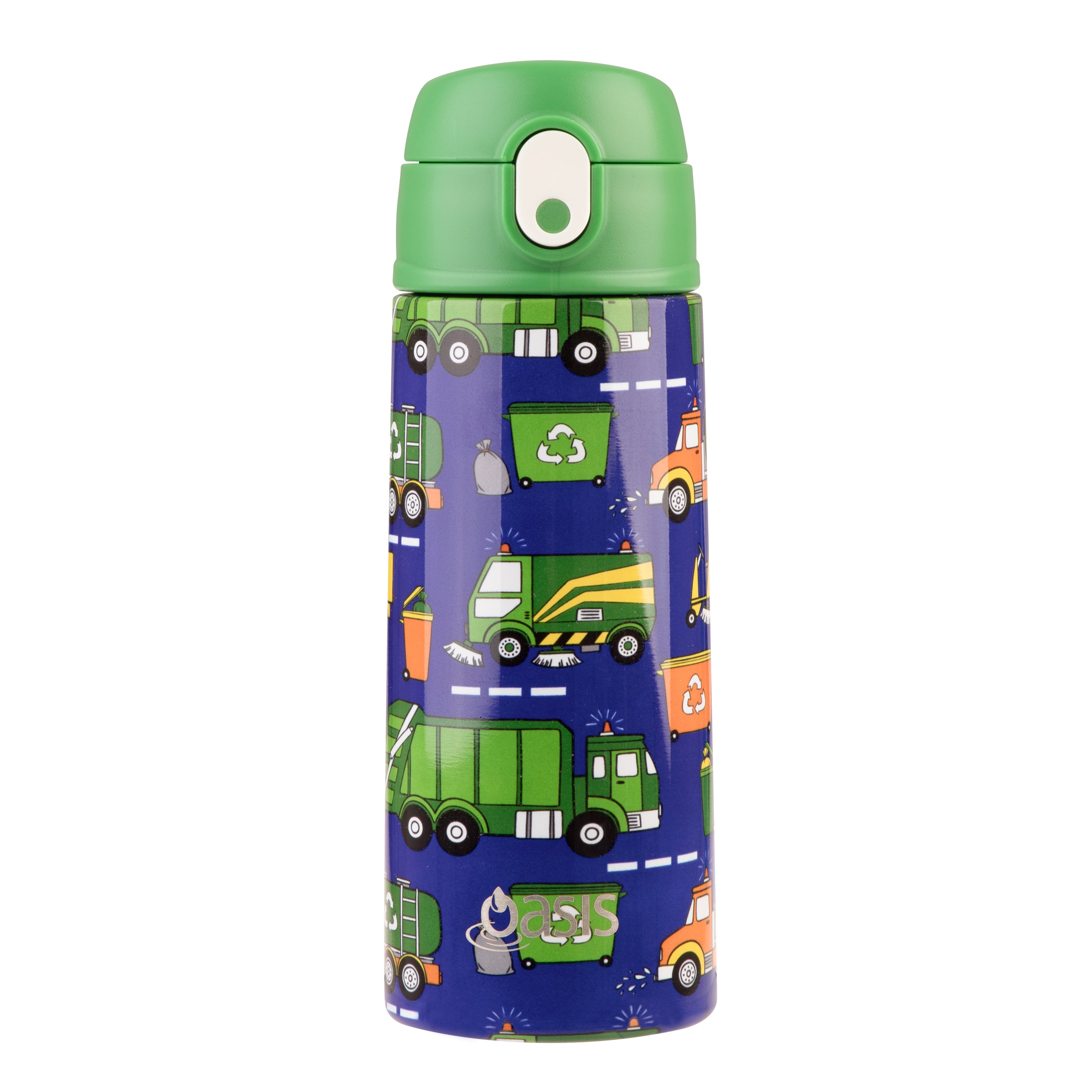 Oasis Stainless Steel Double Wall Kid's Drink Bottle with Sipper Straw 550ml - Garbage Trucks