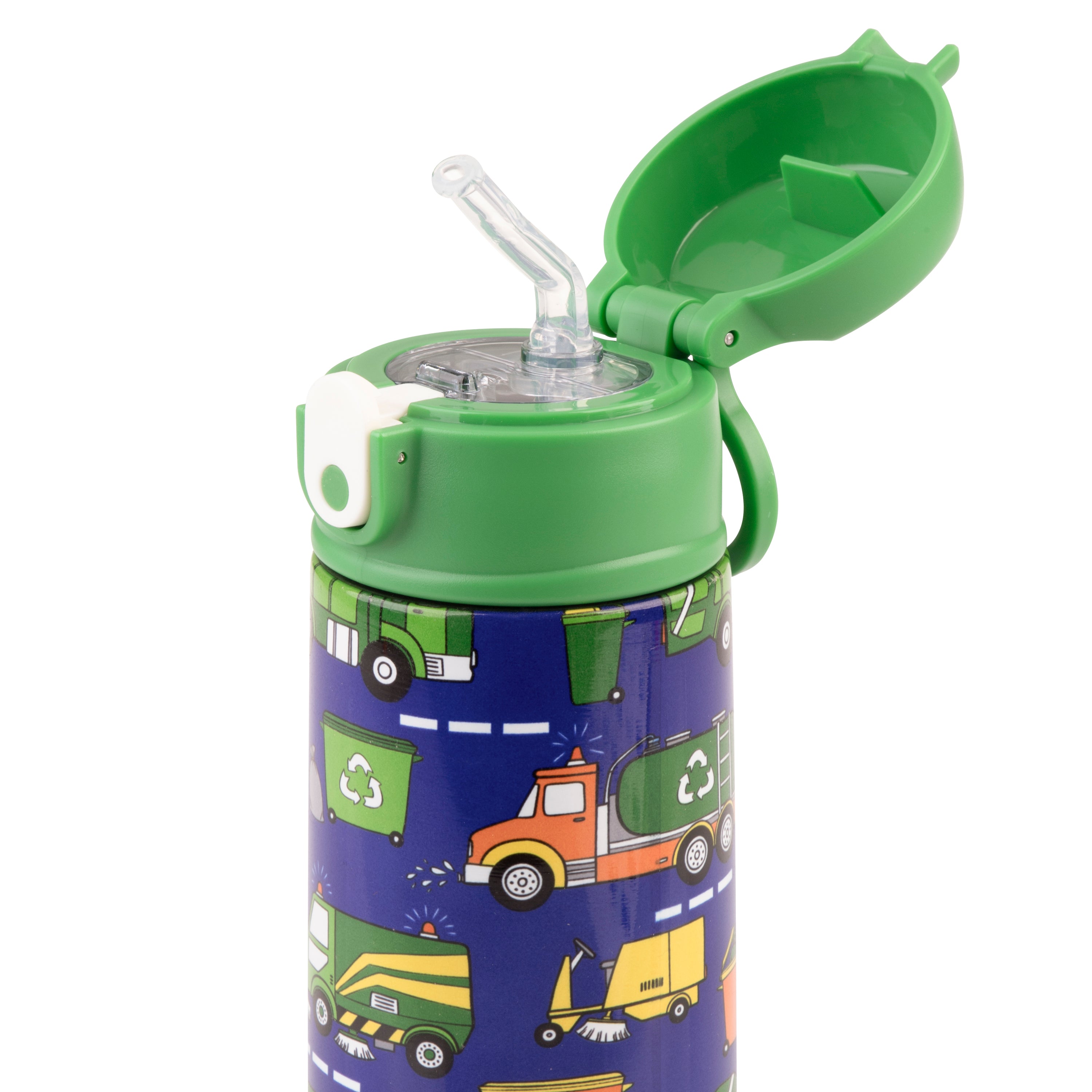 Oasis Stainless Steel Double Wall Kid's Drink Bottle with Sipper Straw 550ml - Garbage Trucks