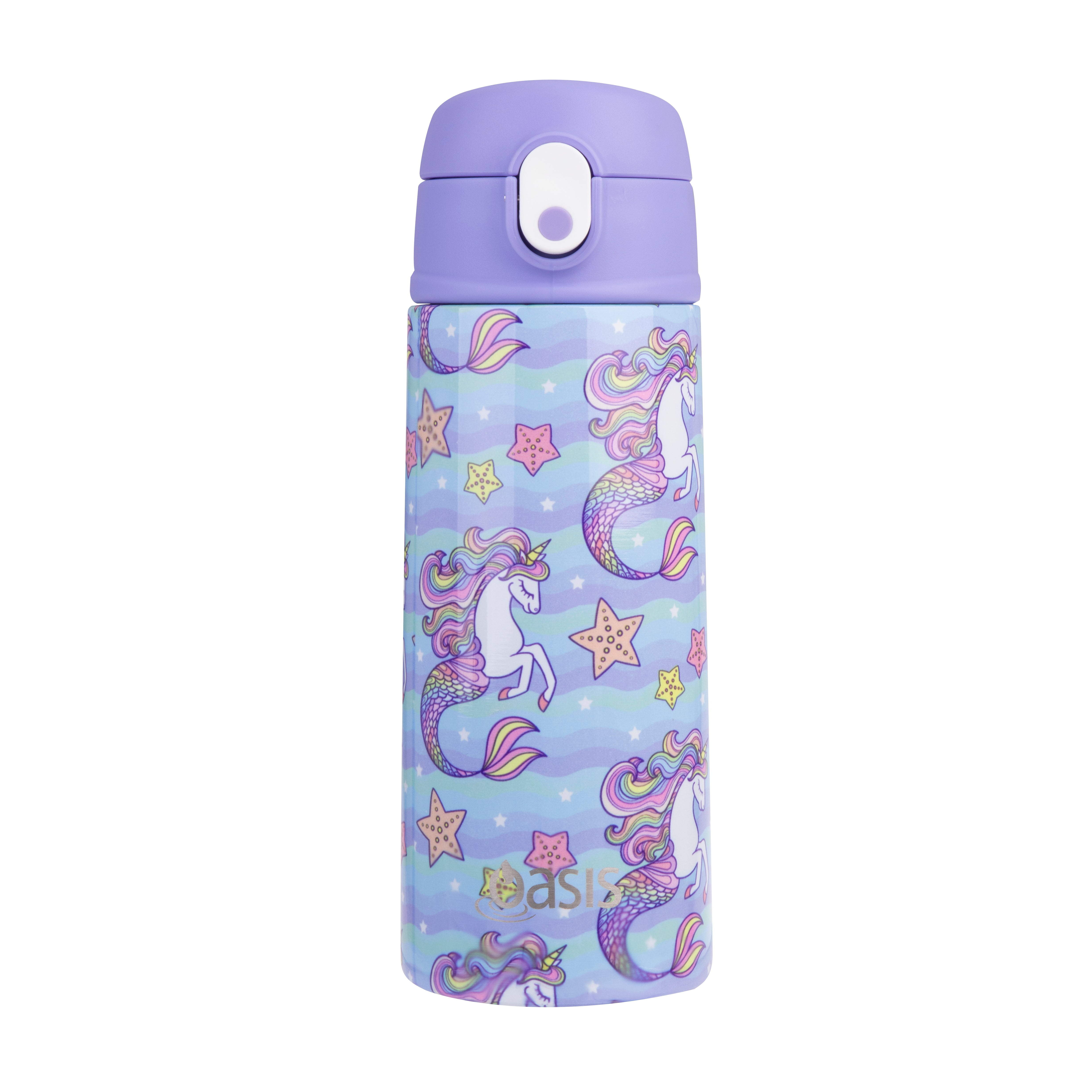 Oasis Stainless Steel Double Wall Kid's Drink Bottle with Sipper Straw 550ml - Mermaid Unicorn