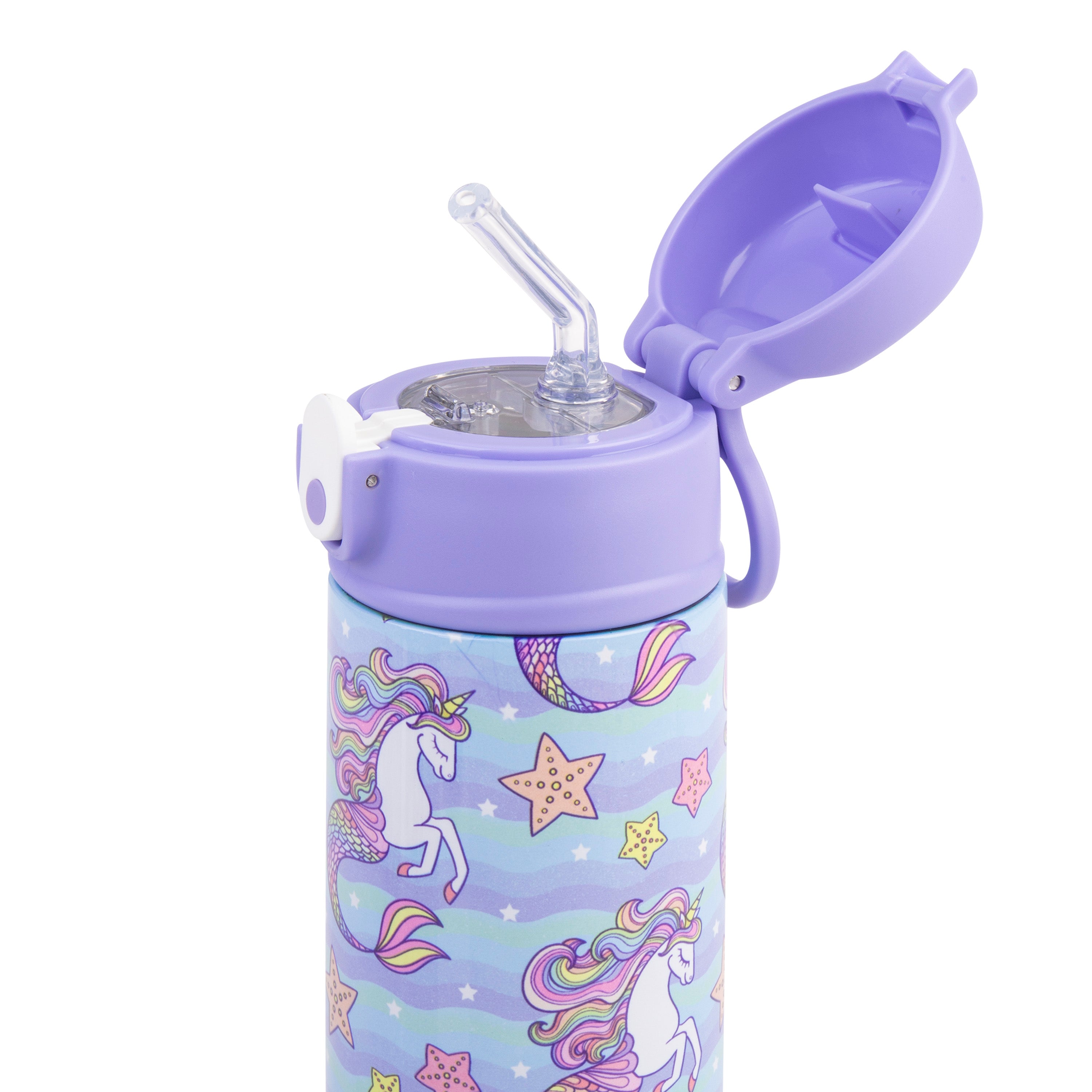 Oasis Stainless Steel Double Wall Kid's Drink Bottle with Sipper Straw 550ml - Mermaid Unicorn