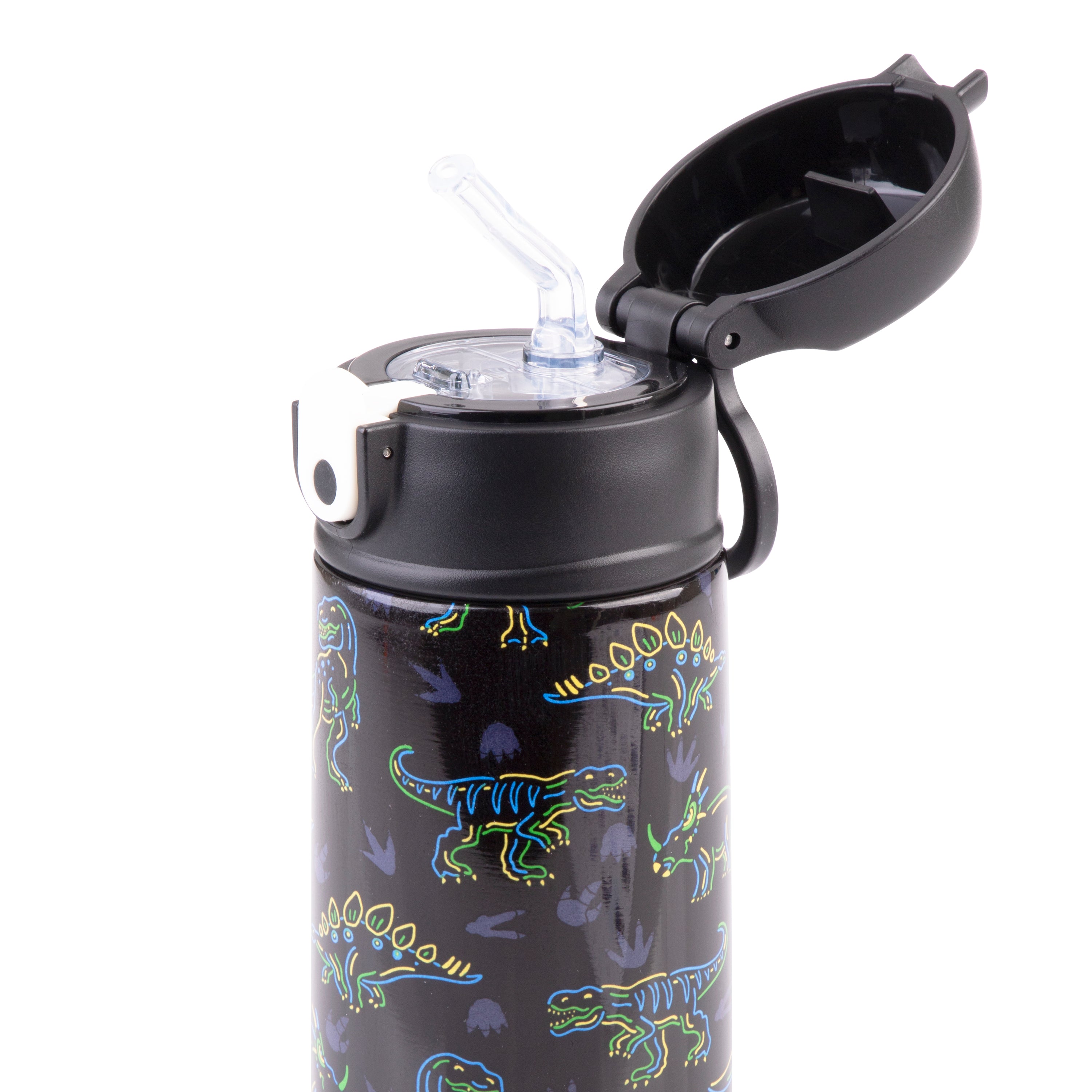 Oasis Stainless Steel Double Wall Kid's Drink Bottle with Sipper Straw 550ml - Neon Dinosaurs