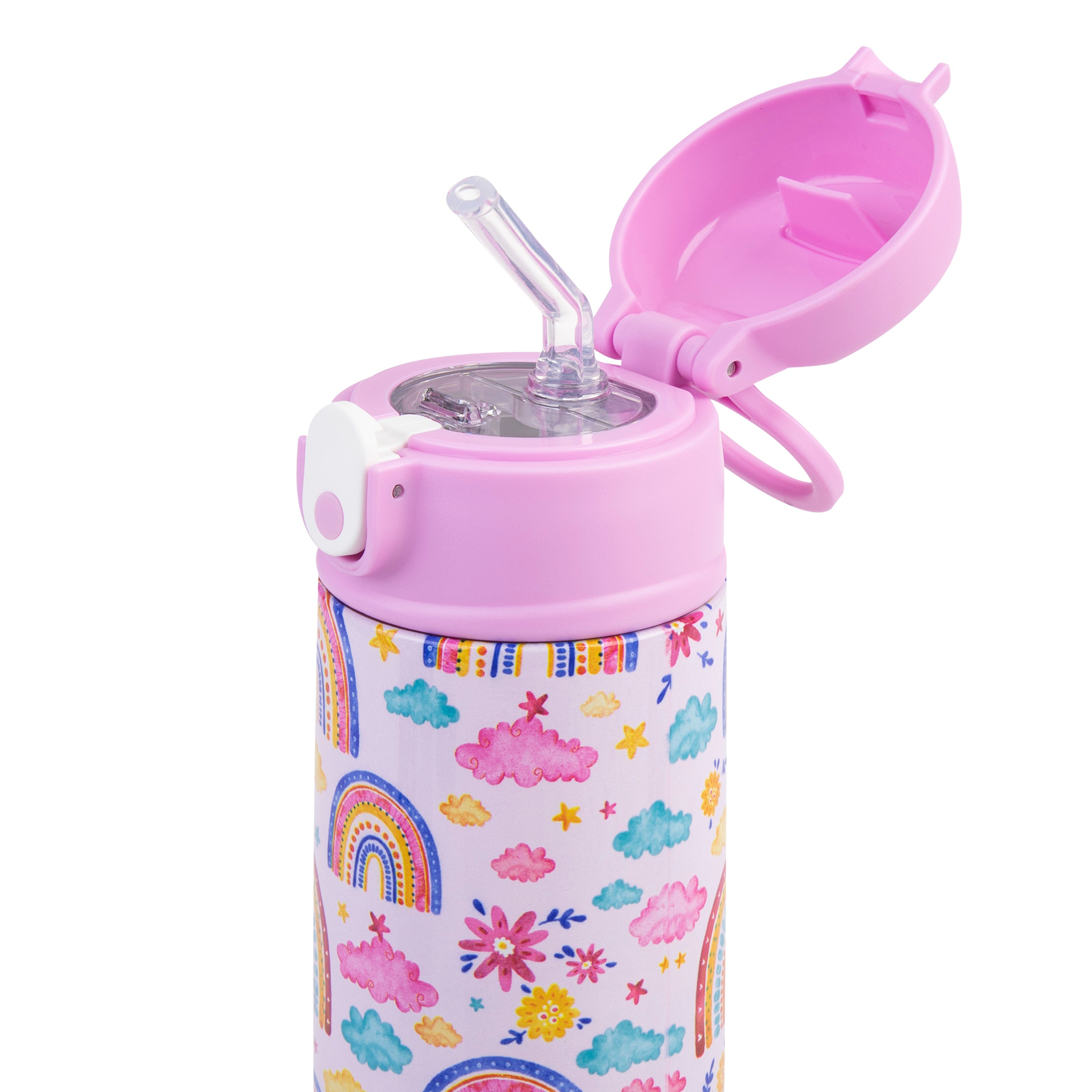 Oasis Stainless Steel Double Wall Kid's Drink Bottle with Sipper Straw 550ml - Rainbow Sky