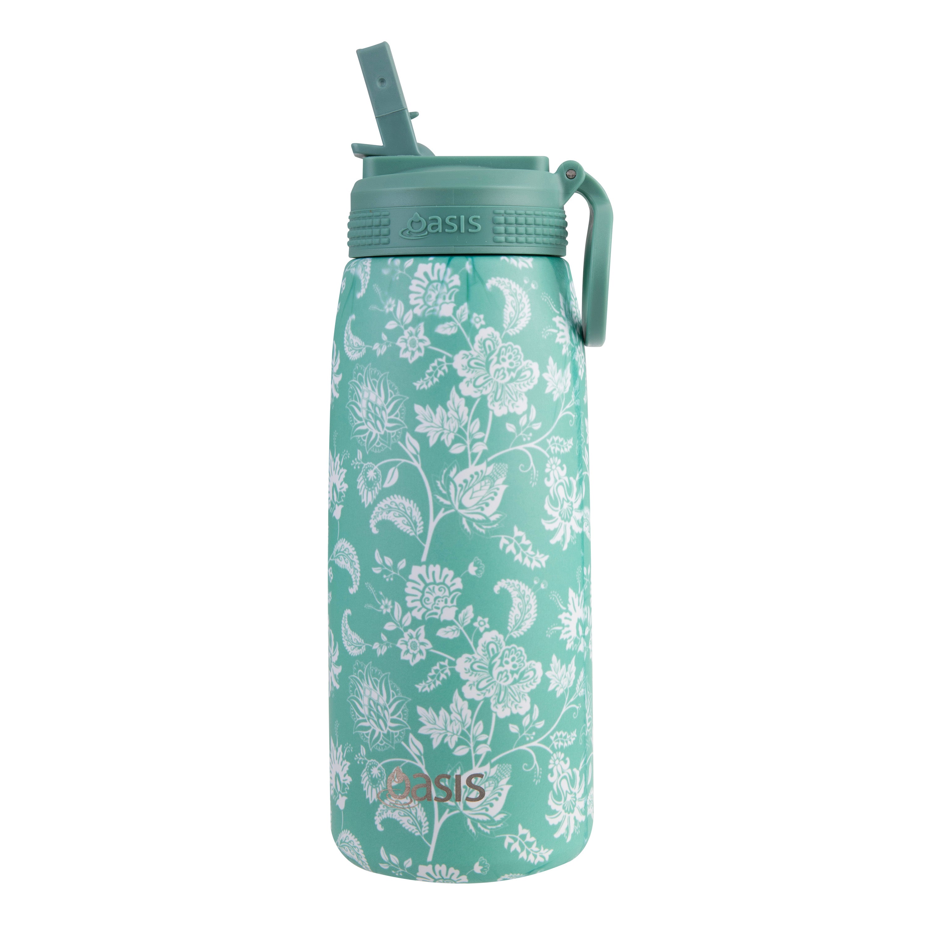 Oasis Double Wall Sports Bottle with Sipper Straw 780ml - Green Paisley