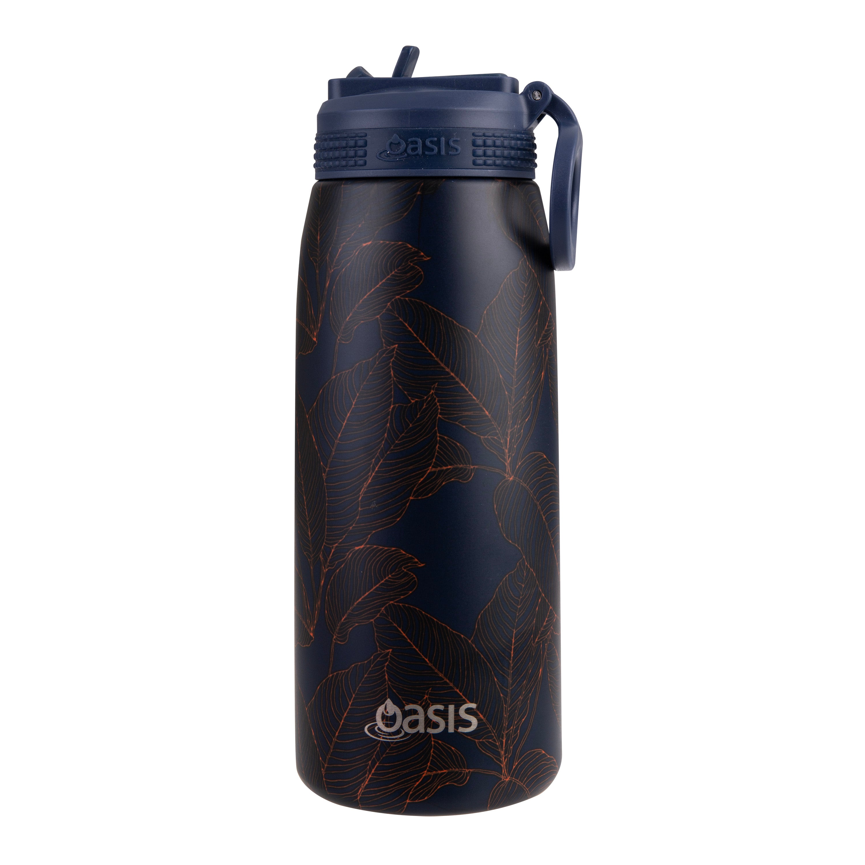 Oasis Double Wall Sports Bottle with Sipper Straw 780ml - Navy Leaves