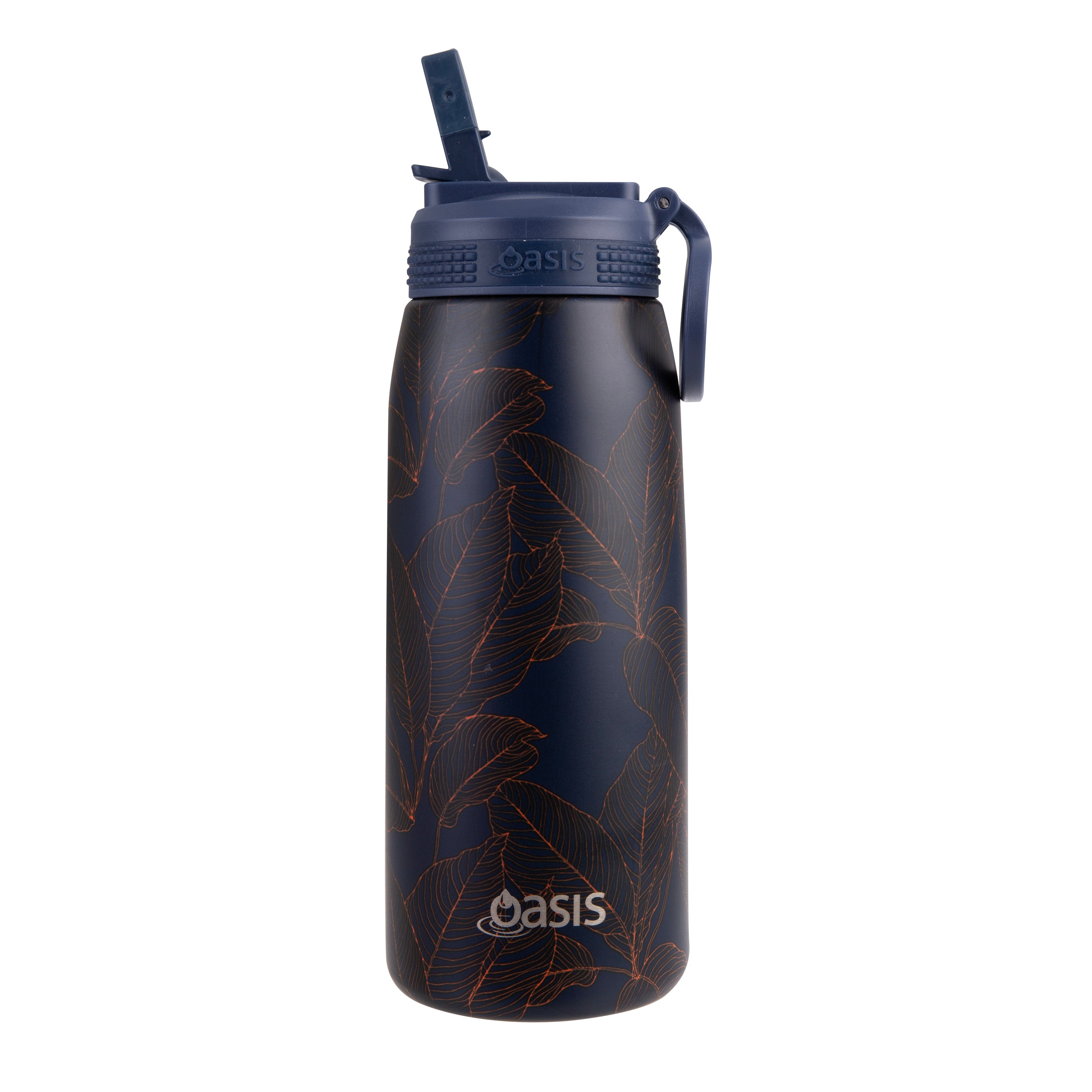 Oasis Double Wall Sports Bottle with Sipper Straw 780ml - Navy Leaves
