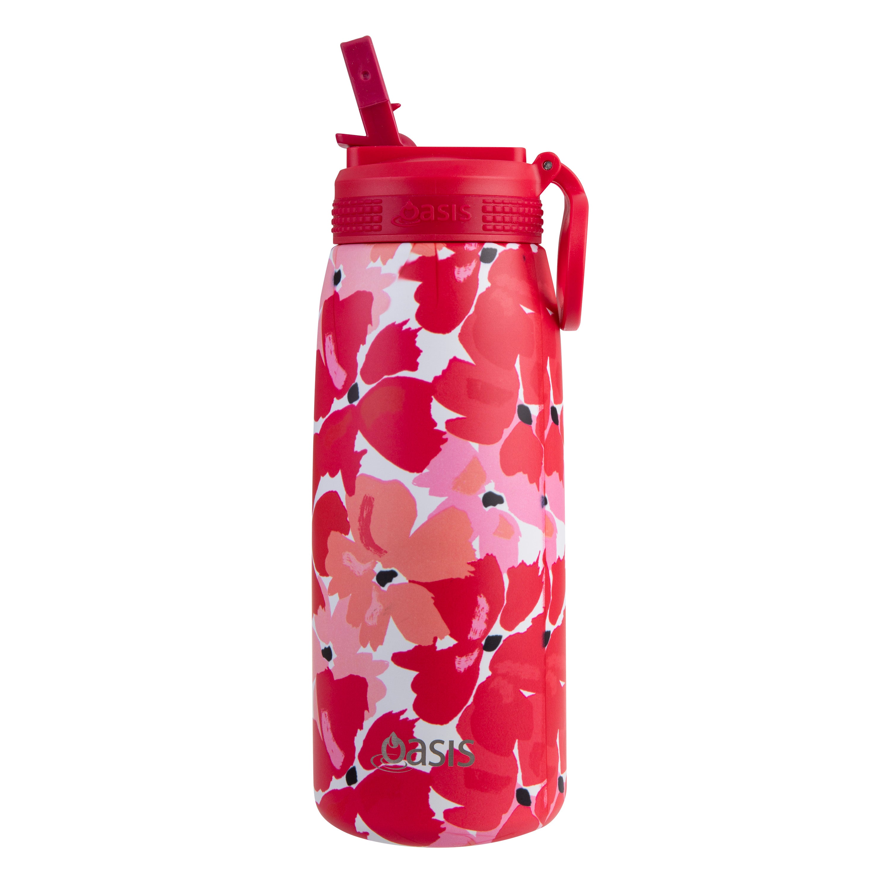 Oasis Double Wall Sports Bottle with Sipper Straw 780ml - Red Poppies