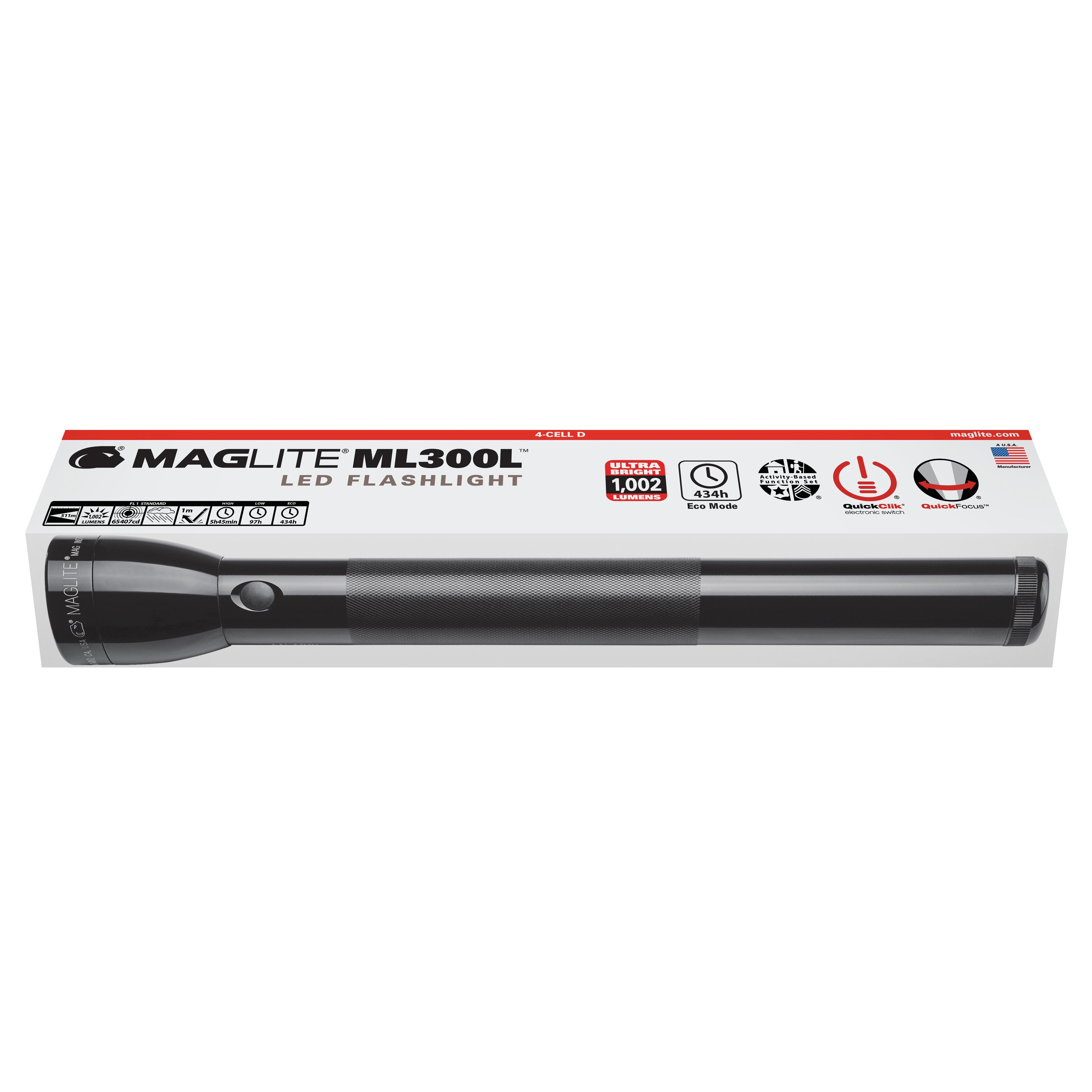 Maglite ML300L 4 Cell D LED Long Running Flashlight - Black