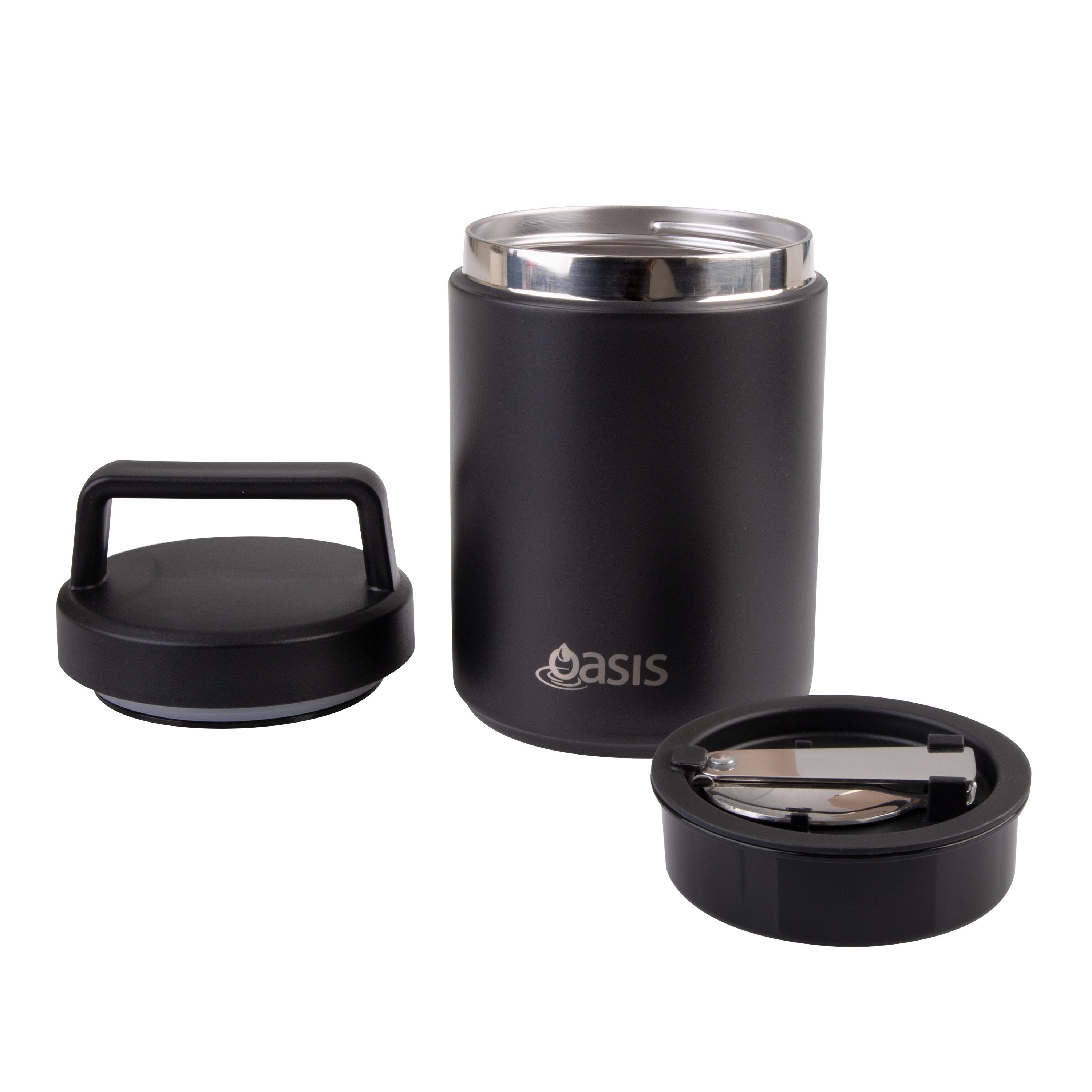 Oasis Stainless Steel Double Wall Food Flask with Handle & Spoon 480ml - Black