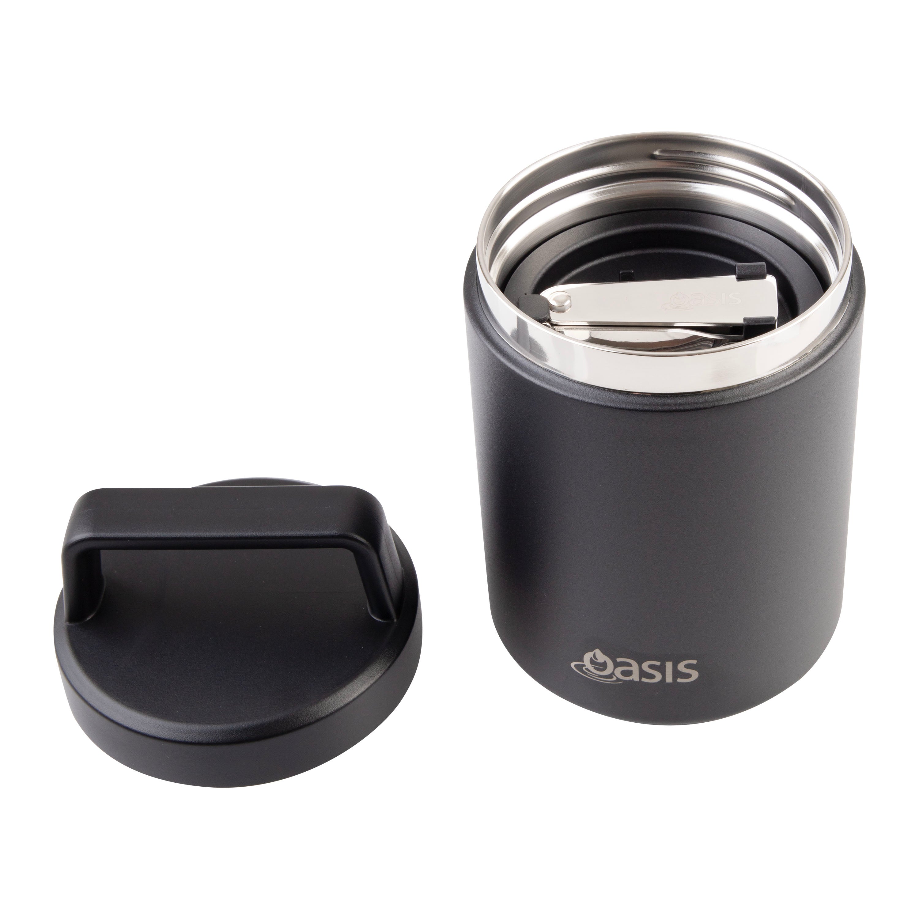 Oasis Stainless Steel Double Wall Food Flask with Handle & Spoon 480ml - Black