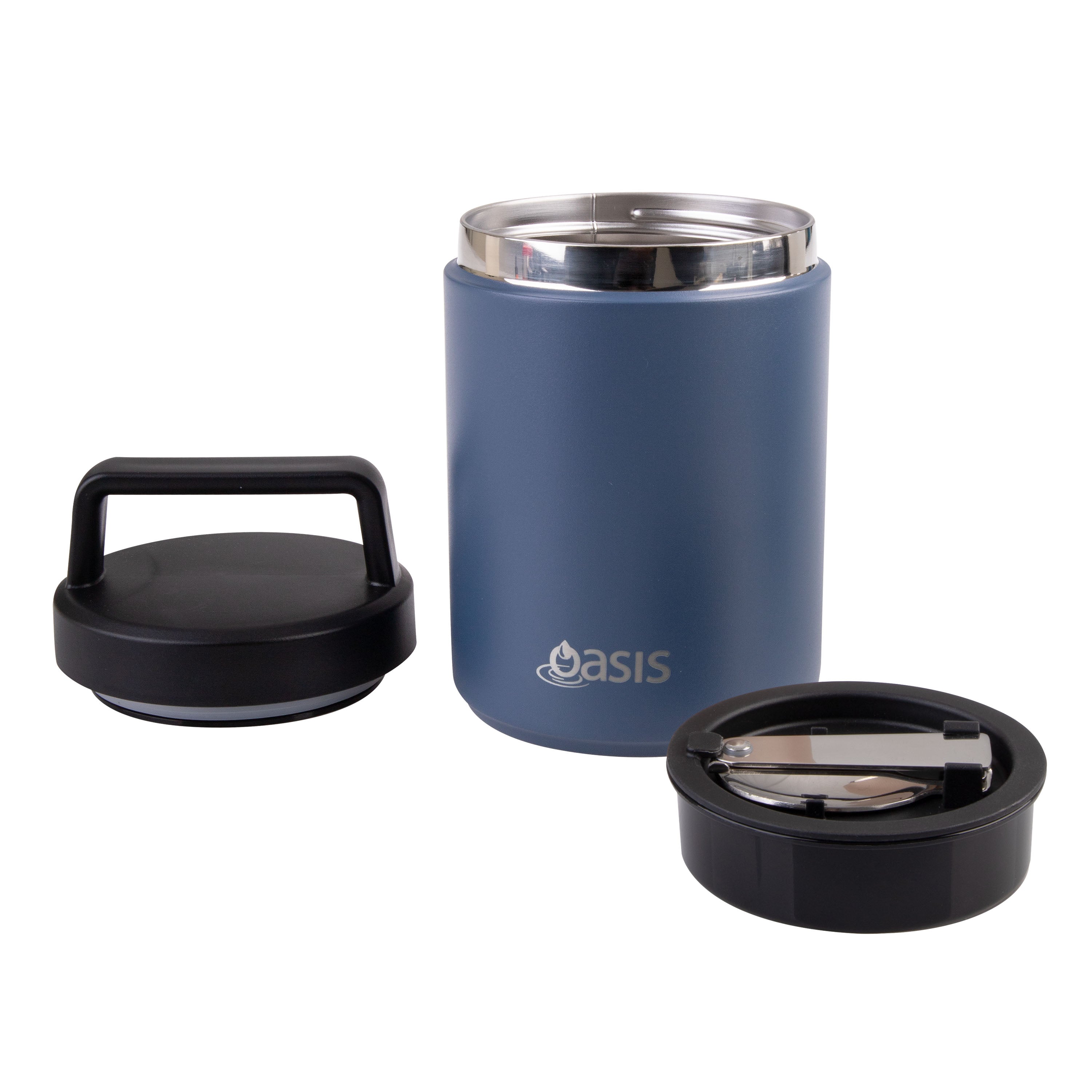 Oasis Stainless Steel Double Wall Food Flask with Handle & Spoon 480ml - Indigo