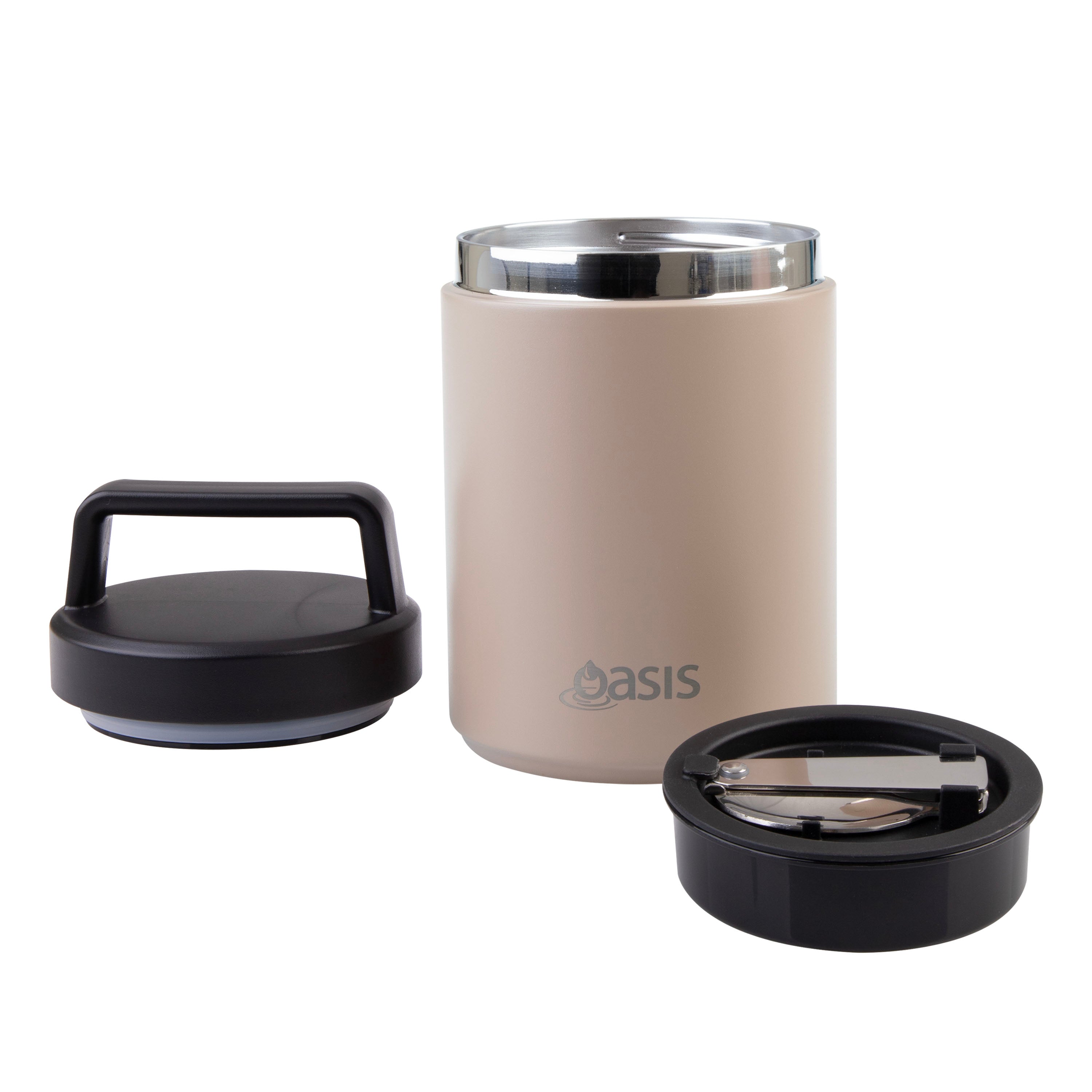 Oasis Stainless Steel Double Wall Food Flask with Handle & Spoon 480ml - Latte