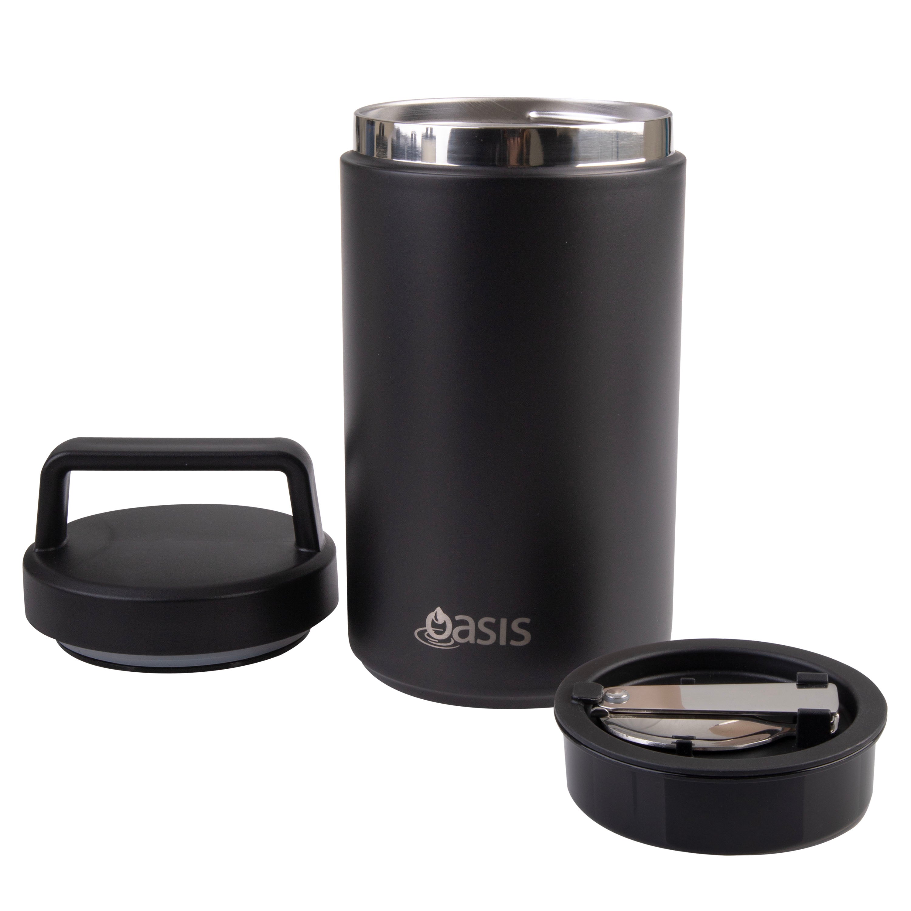 Oasis Stainless Steel Double Wall Flask with Handle & Spoon 700ml - Black