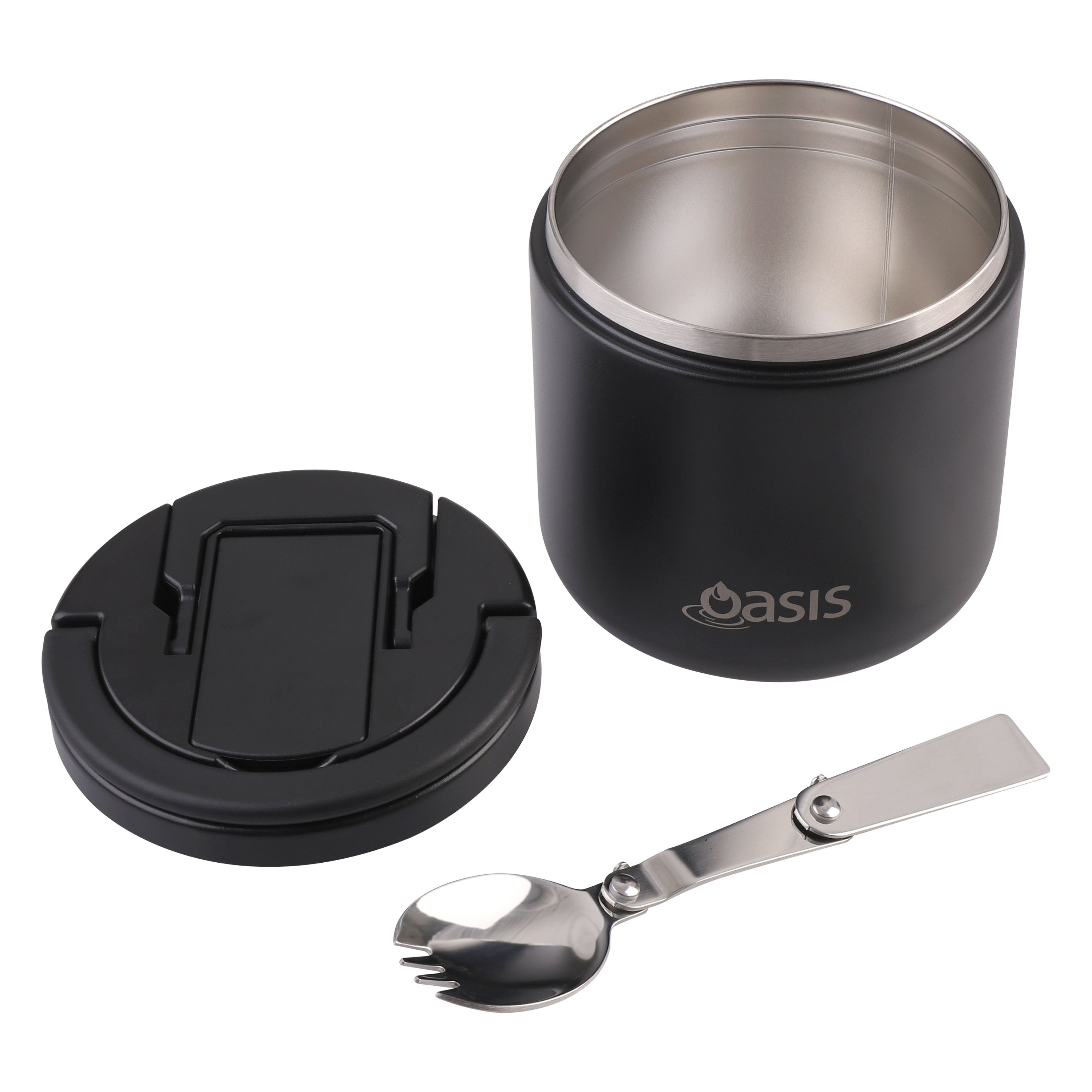Oasis Double Wall Food Flask with Quick Release Lid & Spork 550ml - Black