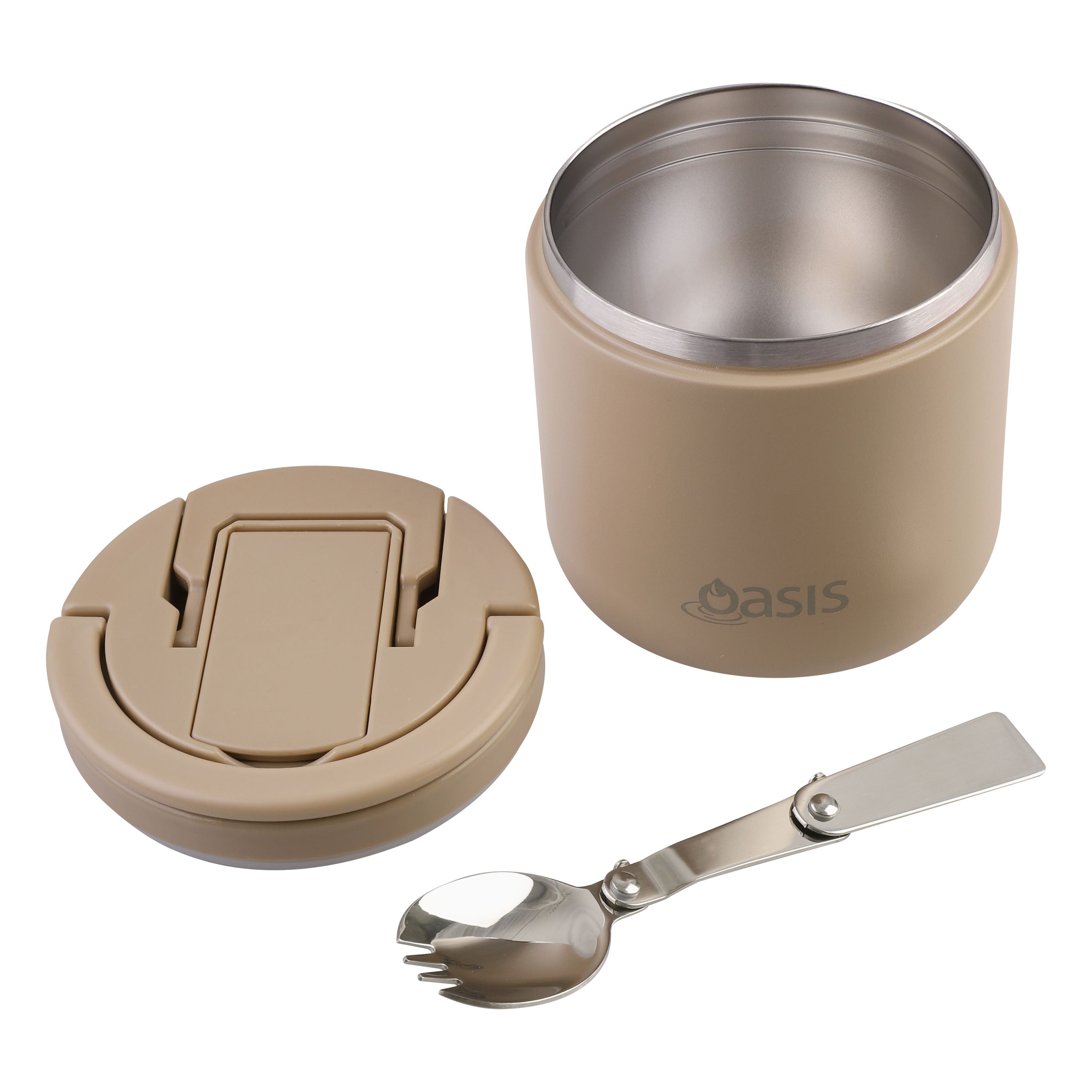 Oasis Stainless Steel Double Wall Food Flask with Quick Release Lid & Spork 550ml - Latte