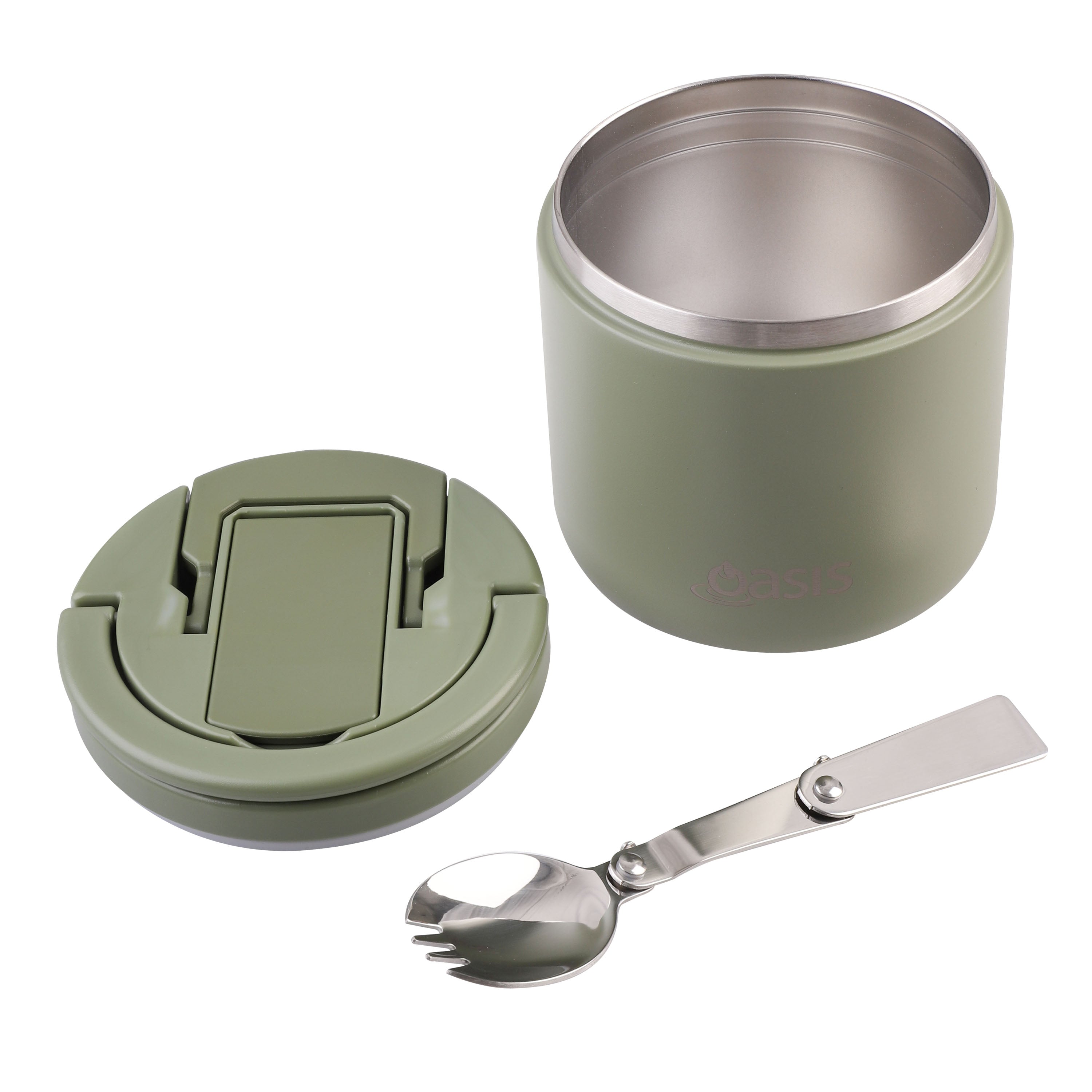 Oasis Stainless Steel Double Wall Food Flask with Quick Release Lid & Spork 550ml - Olive Green