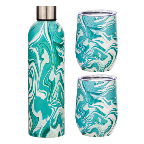 Porta by Ladelle Summer Swirl Aqua SS 3pc Insulated Drinkware Set