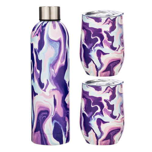 Porta by Ladelle Summer Swirl Purple SS 3pc Insulated Drinkware Set