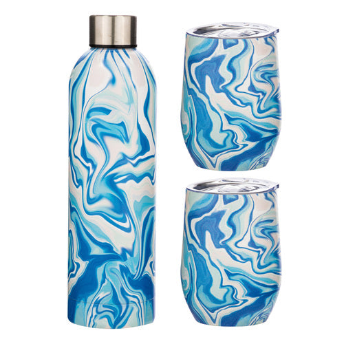 Porta by Ladelle Summer Swirl Blue SS 3pc Insulated Drinkware Set