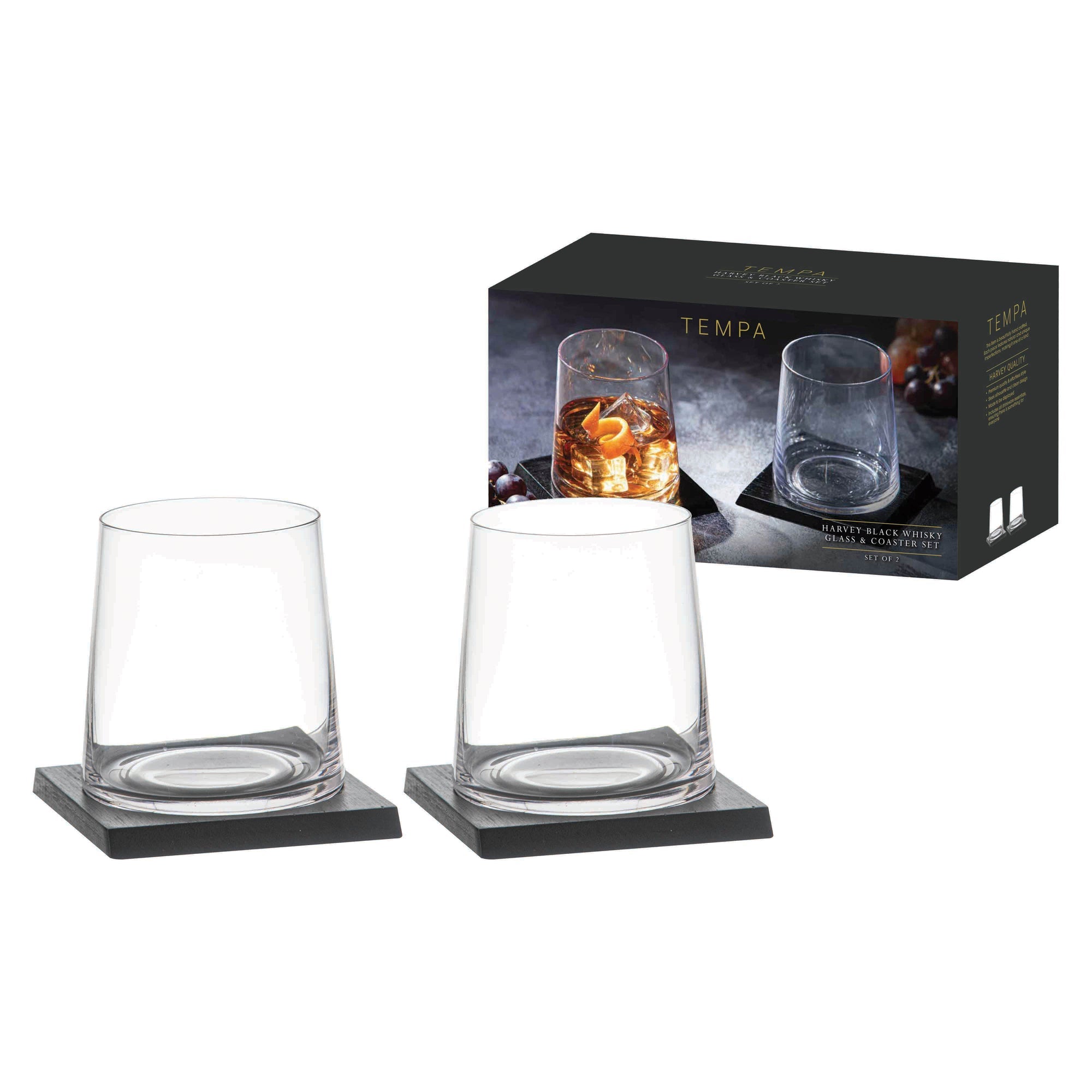 Tempa Harvey Black 2pk Whisky Glass & Coaster Set