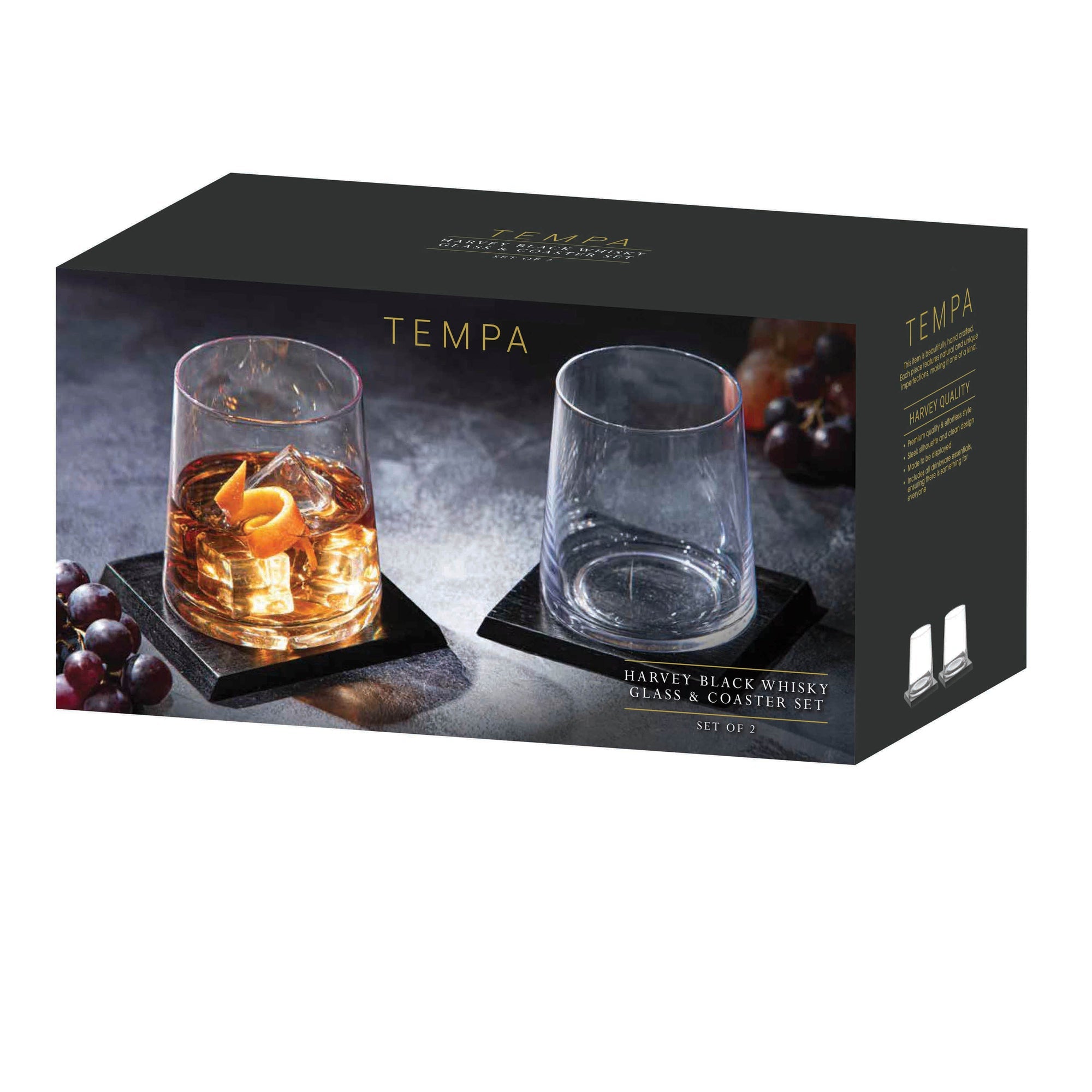 Tempa Harvey Black 2pk Whisky Glass & Coaster Set