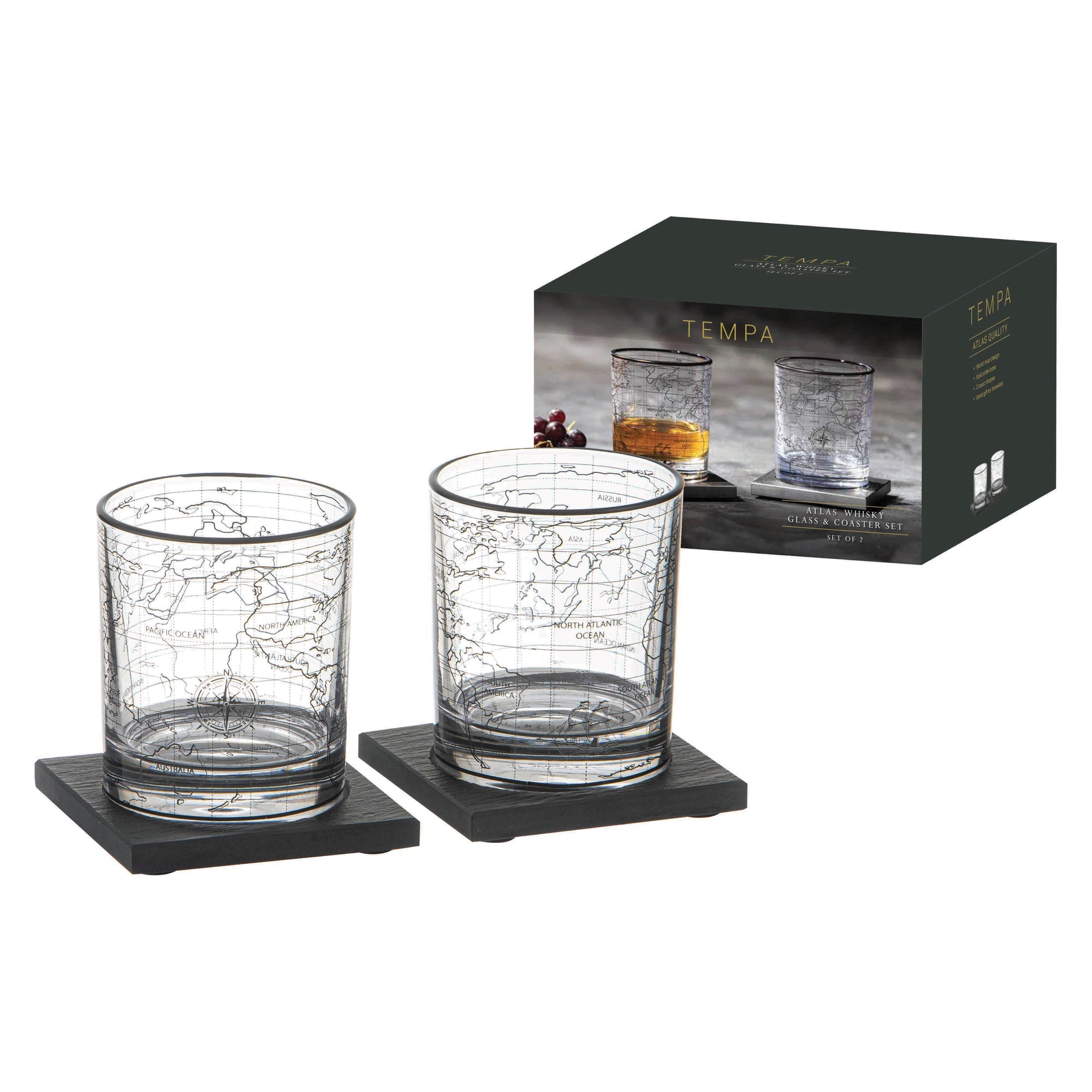 Tempa Atlas 2pk Whisky Glass & Coaster Set