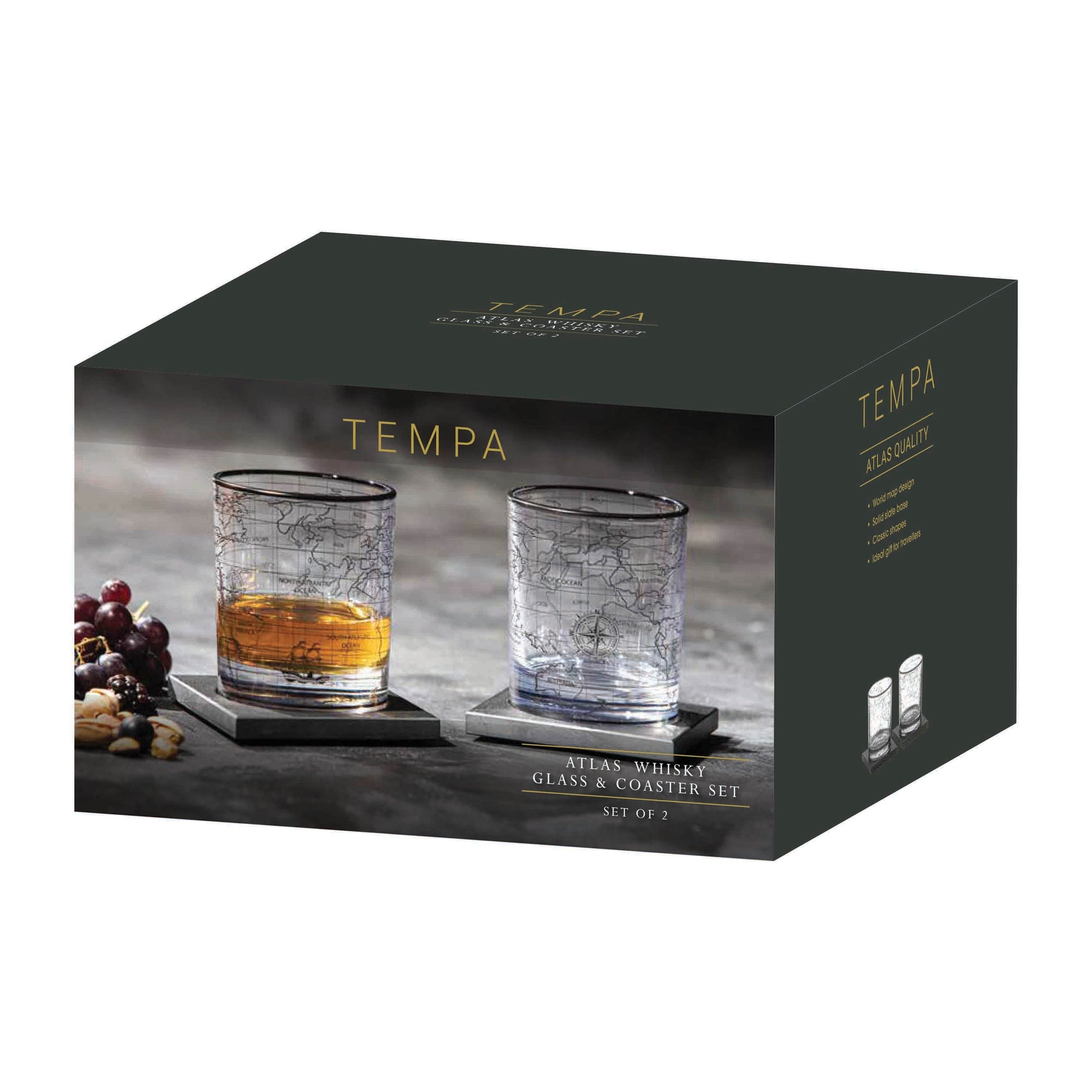 Tempa Atlas 2pk Whisky Glass & Coaster Set