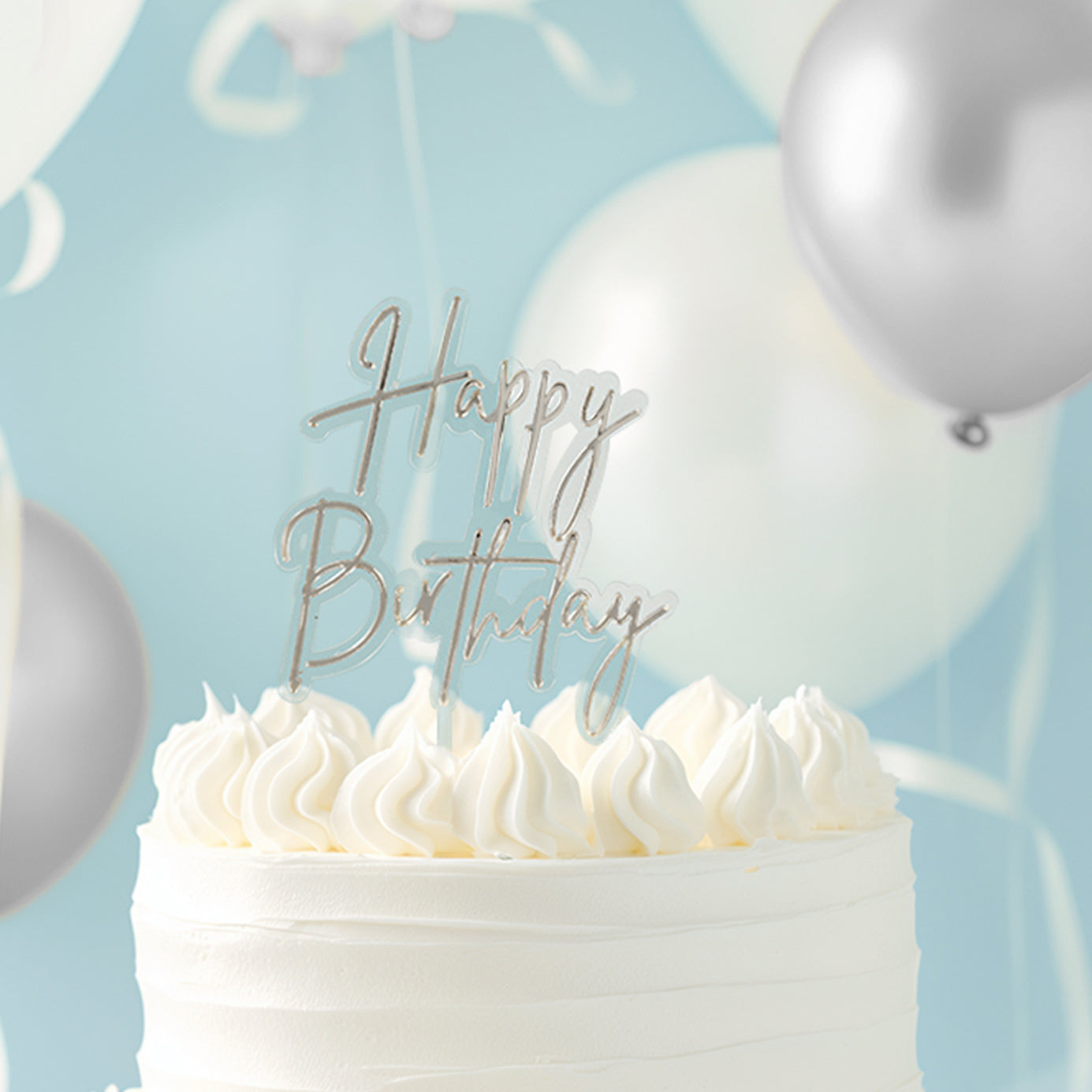 Cake & Candle Layered Cake Topper Happy Birthday Silver & Clear