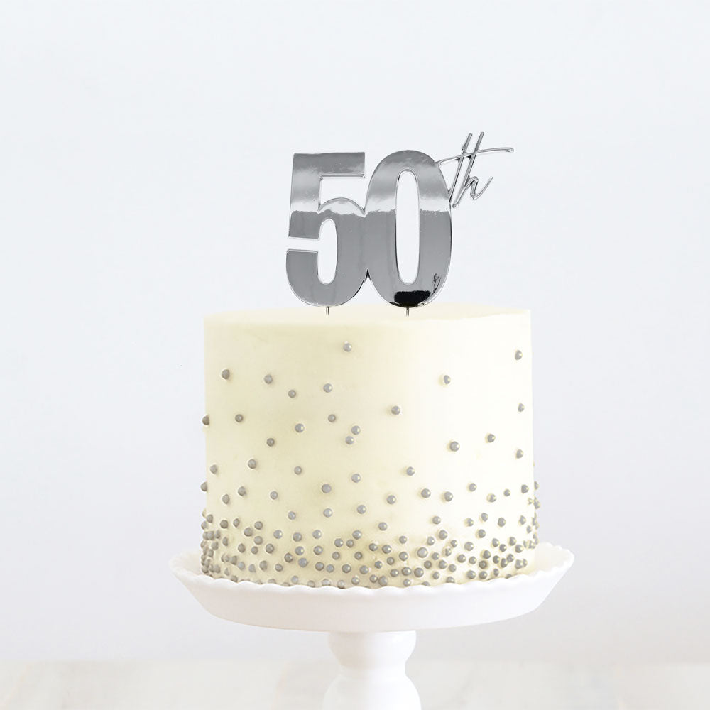 Cake & Candle Metal Cake Topper 50th Silver