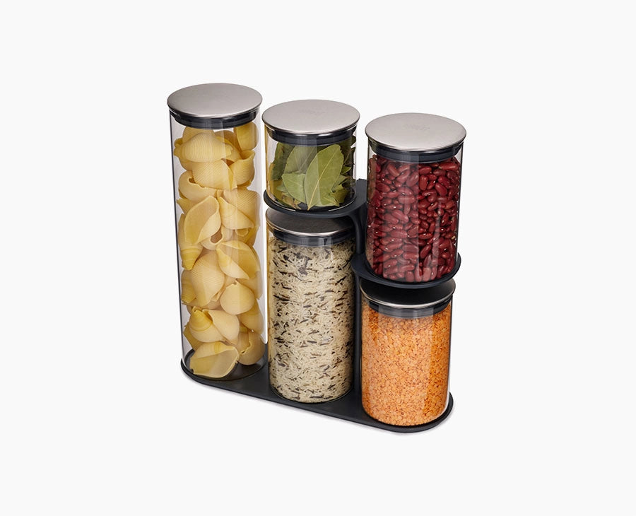 Joseph Joseph Podium Steel 5-Piece Glass Storage Jar Set With Stand