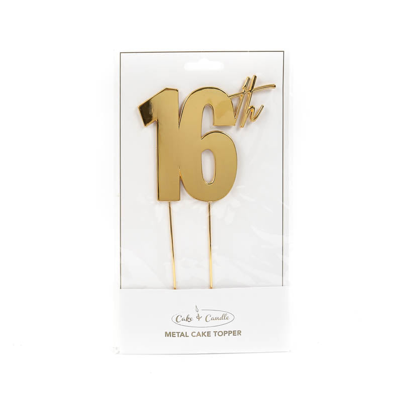 Cake & Candle Metal Cake Topper 16th Gold