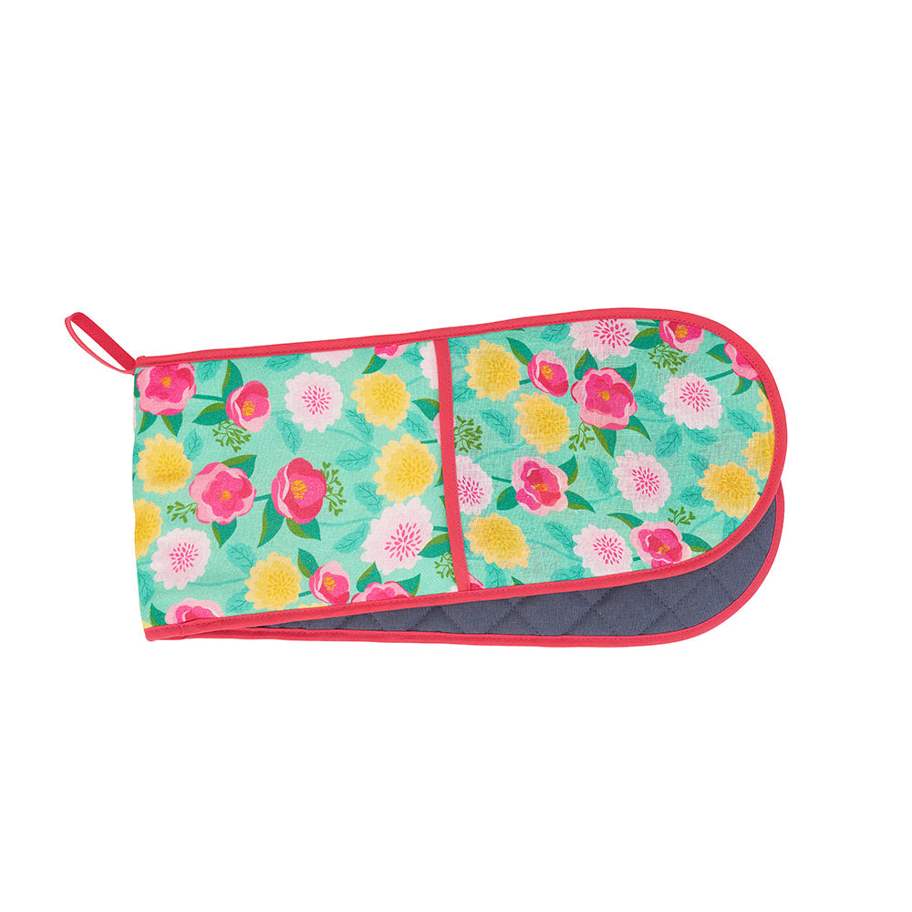 Annabel Trends Double Oven Mitt- Linen Camellias Mint