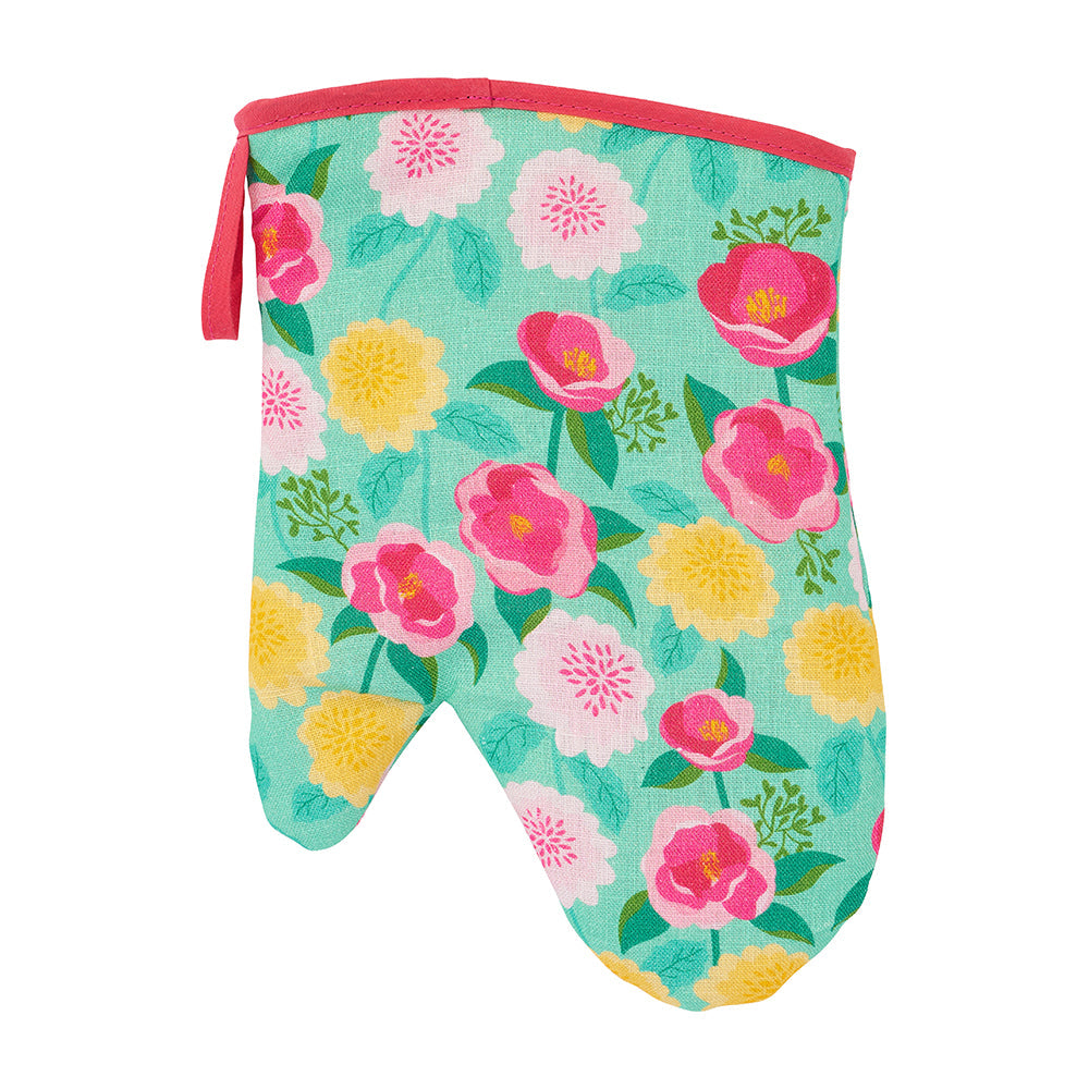 Annabel Trends Linen Oven Mitt Single Camellias Mint