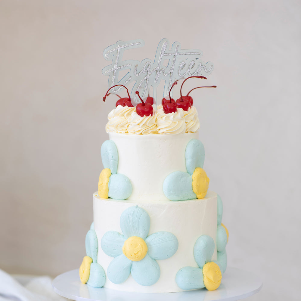 Cake & Candle Layered Cake Topper 18 Silver Light Blue
