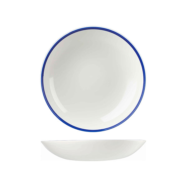 Churchill Retro Blue Round Coupe Bowl (248mm Ø 1136ml - White with Blue Rim)