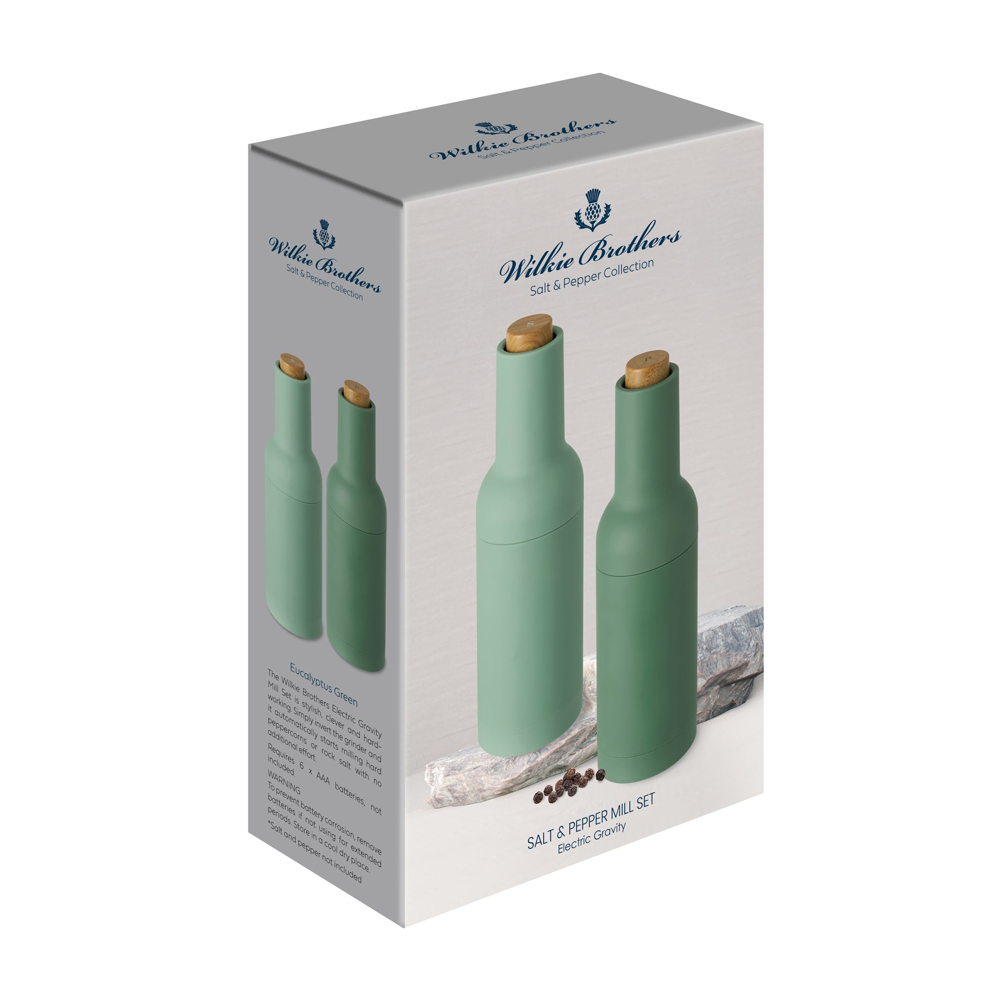 Wilkie Brothers Electric Gravity Salt and Pepper Mill Set Eucalyptus Green