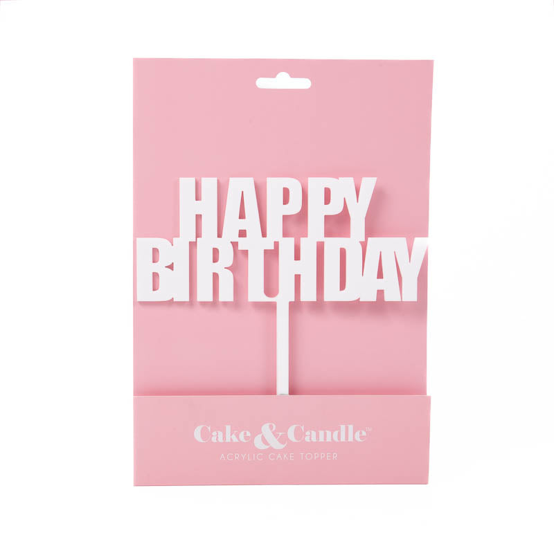 Cake & Candle Bold Happy Birthday Cake Topper White