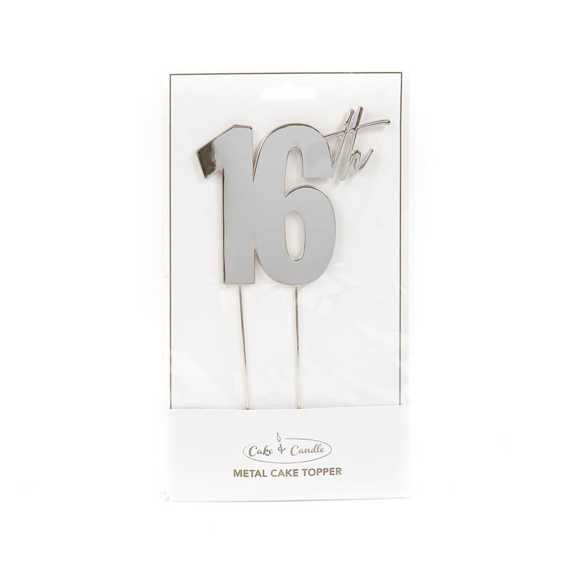 Cake & Candle Metal Cake Topper 16th Silver