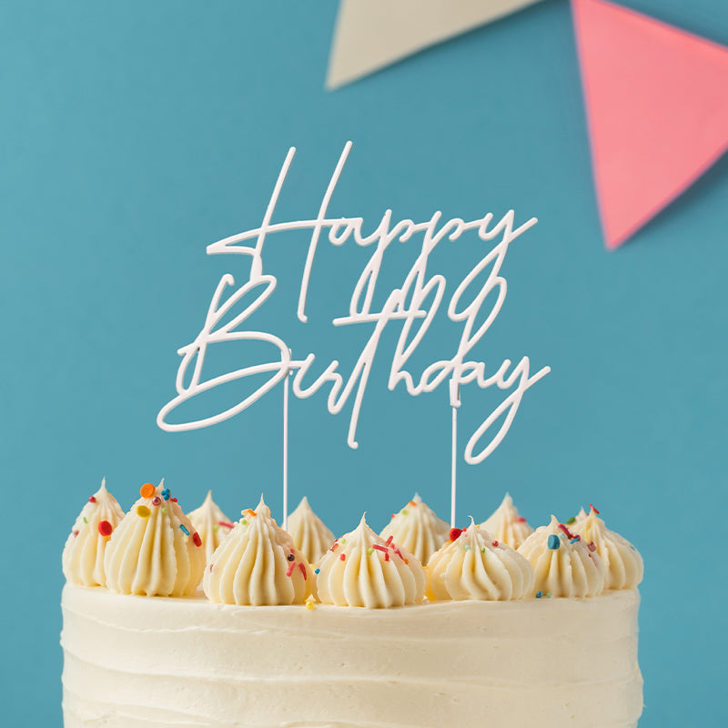 Cake & Candle Metal Cake Topper Happy Birthday 4 Pearl White