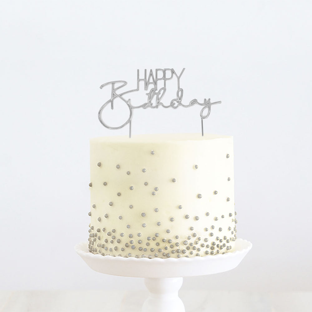Cake & Candle Metal Cake Topper Happy Birthday 2 Silver