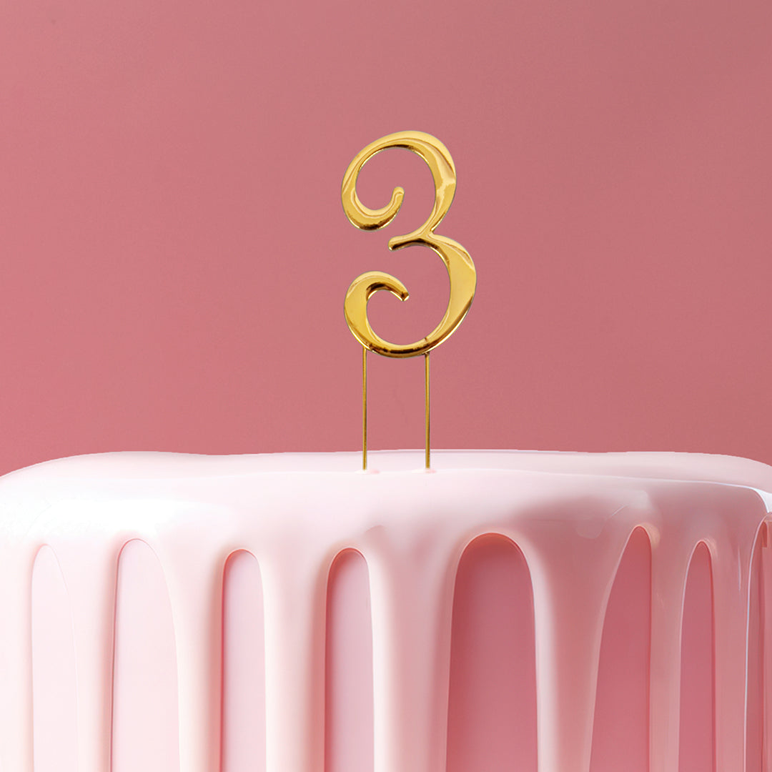 Cake & Candle Cake Topper Number 3 Gold 7cm