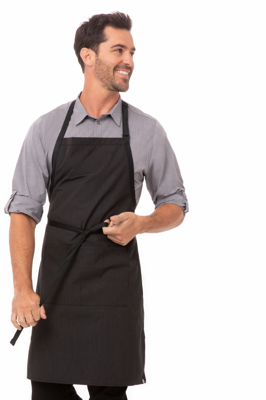 Chef Works Bib Apron with Contrasting Ties - Pinstripe