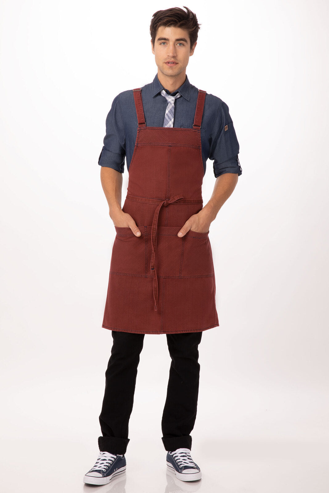 Chef Works Uptown Cross-Back Bib Apron - Red Navy
