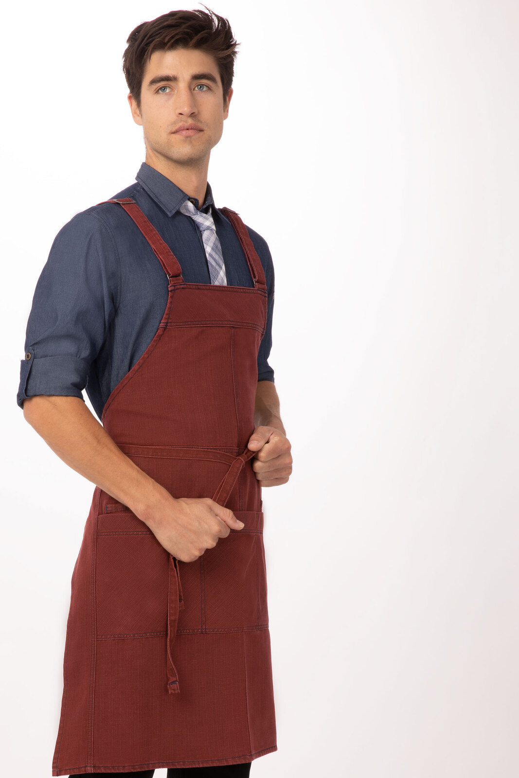 Chef Works Uptown Cross-Back Bib Apron - Red Navy