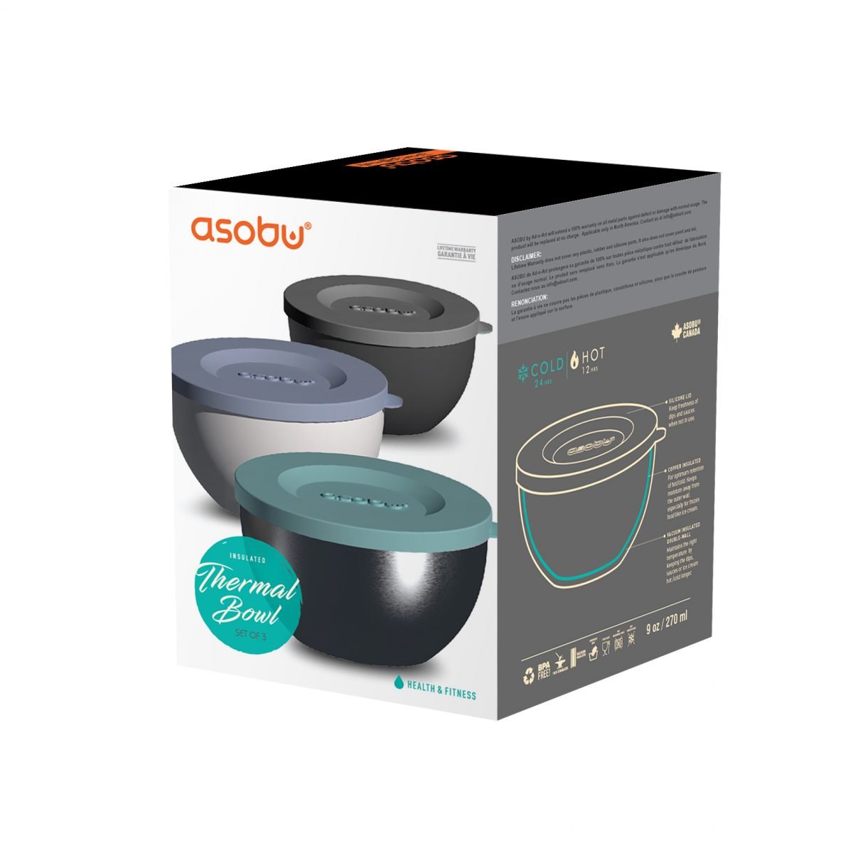Asobu Thermo Bowl 3 Piece Set 270ml - Black/Silver/White