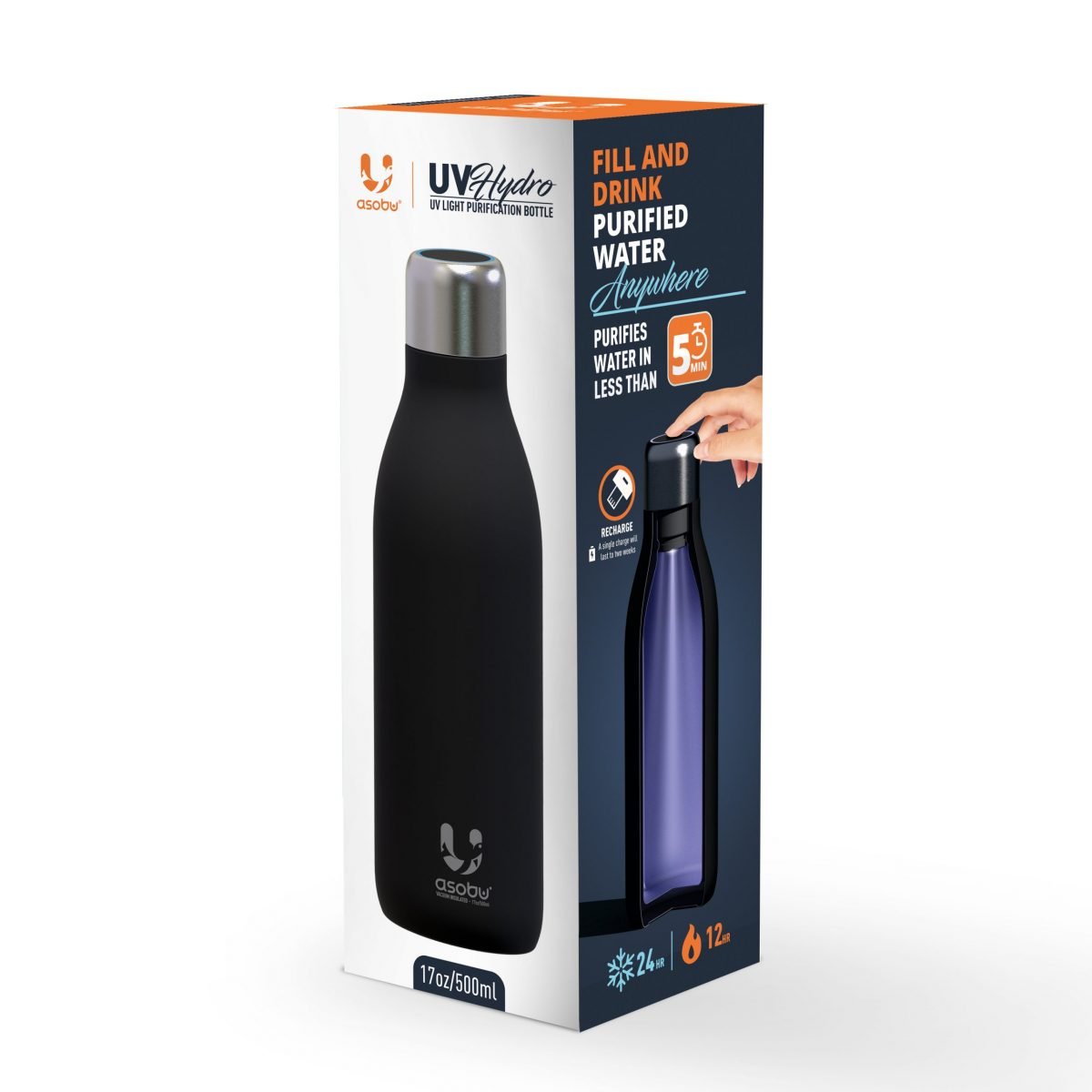 Asobu UV Light Hydro Bottle 500ml - Black
